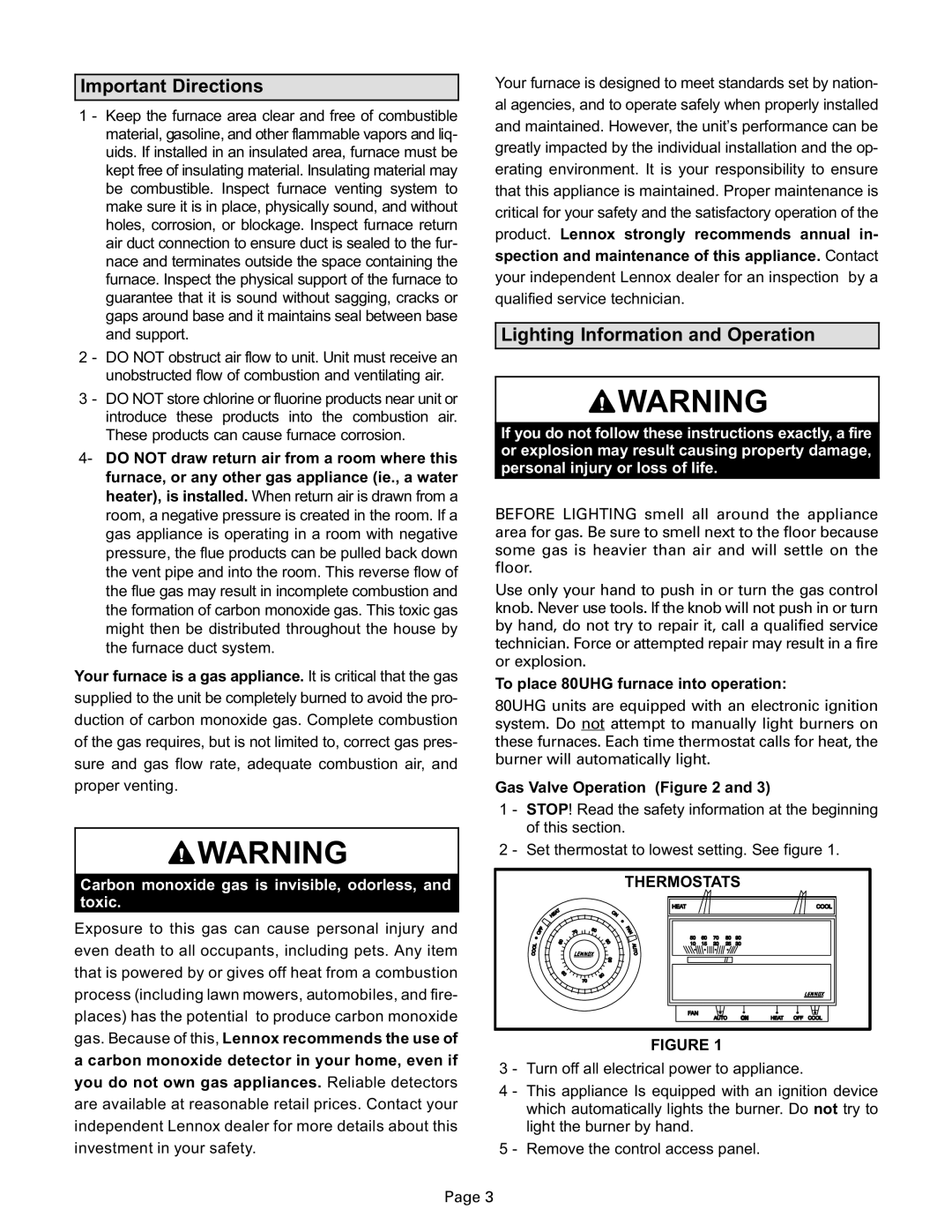 Lennox International Inc 80UHG manual Important Directions, Lighting Information and Operation, Thermostats 