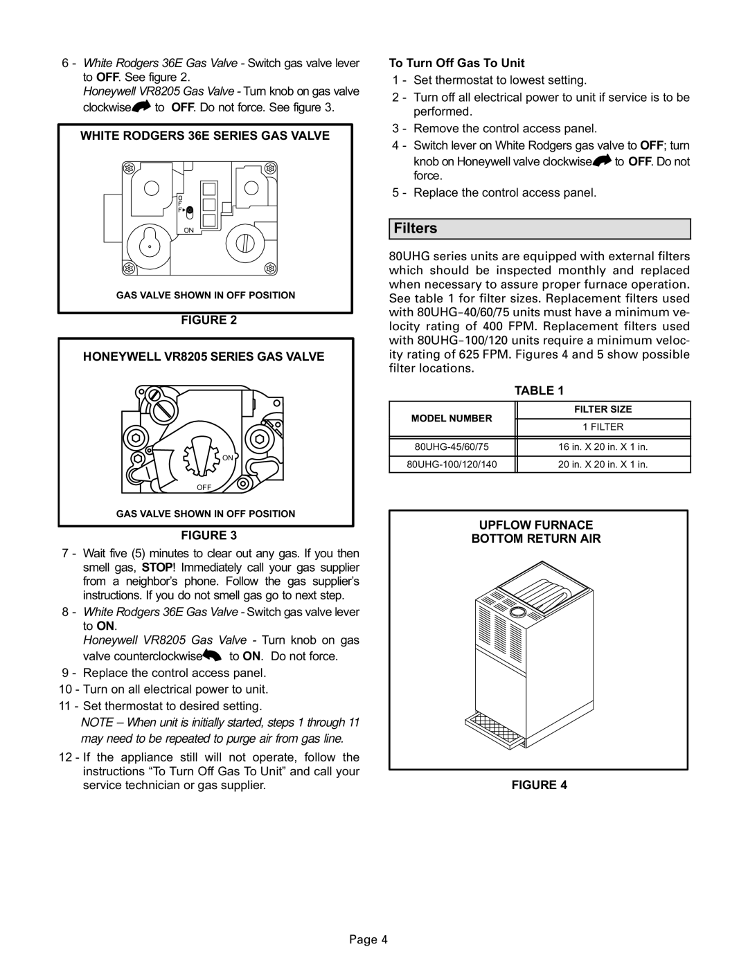 Lennox International Inc 80UHG manual Filters, White Rodgers 36E Series GAS Valve, Honeywell VR8205 Series GAS Valve 