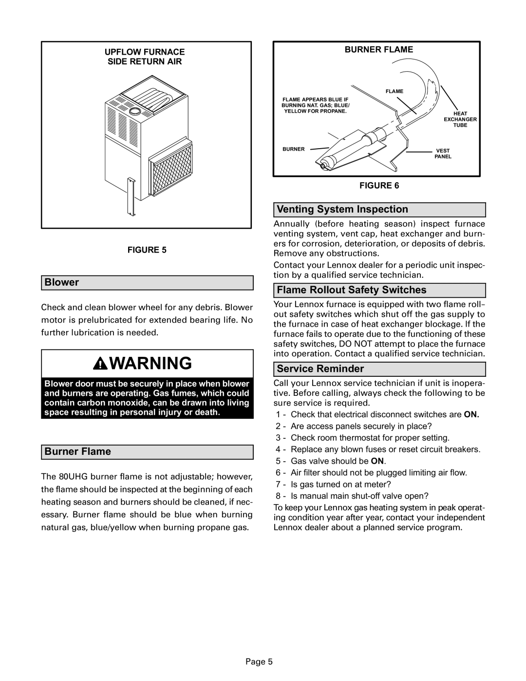 Lennox International Inc 80UHG manual Blower, Burner Flame, Venting System Inspection, Flame Rollout Safety Switches 