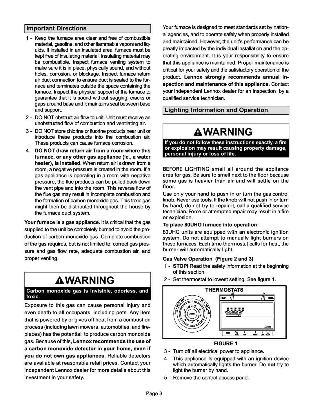 Lennox International Inc 80UHG manual Important Directions, Lighting Information and Operation 