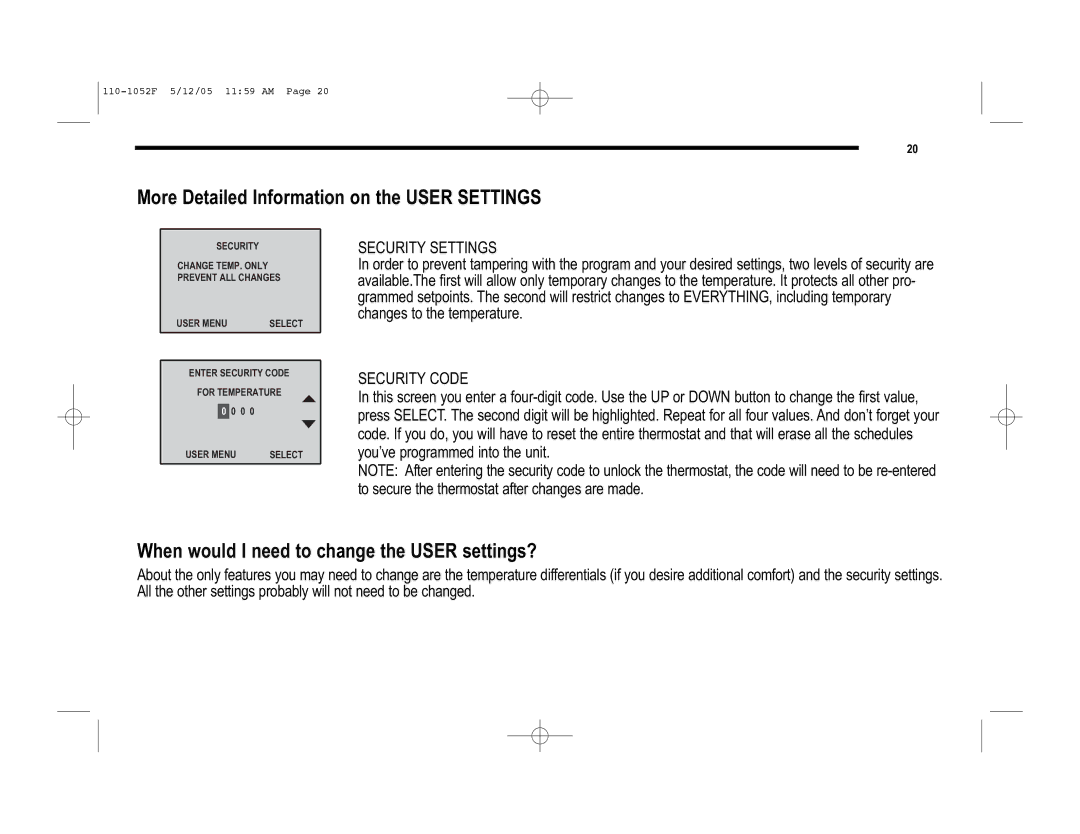 Lennox International Inc 81M26, 81M28 When would I need to change the User settings?, Security Settings, Security Code 