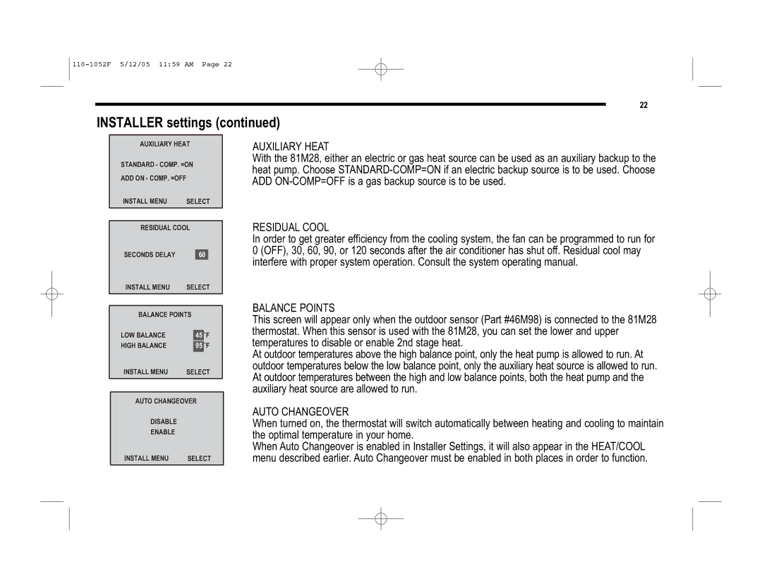 Lennox International Inc 81M27, 81M28 Installer settings, Auxiliary Heat, Residual Cool, Balance Points, Auto Changeover 