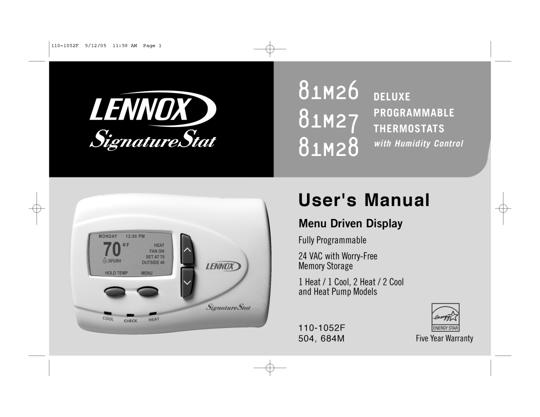 Lennox International Inc user manual 81M26 81M27 81M28, Menu Driven Display, Deluxe Programmable Thermostats, 110-1052F 