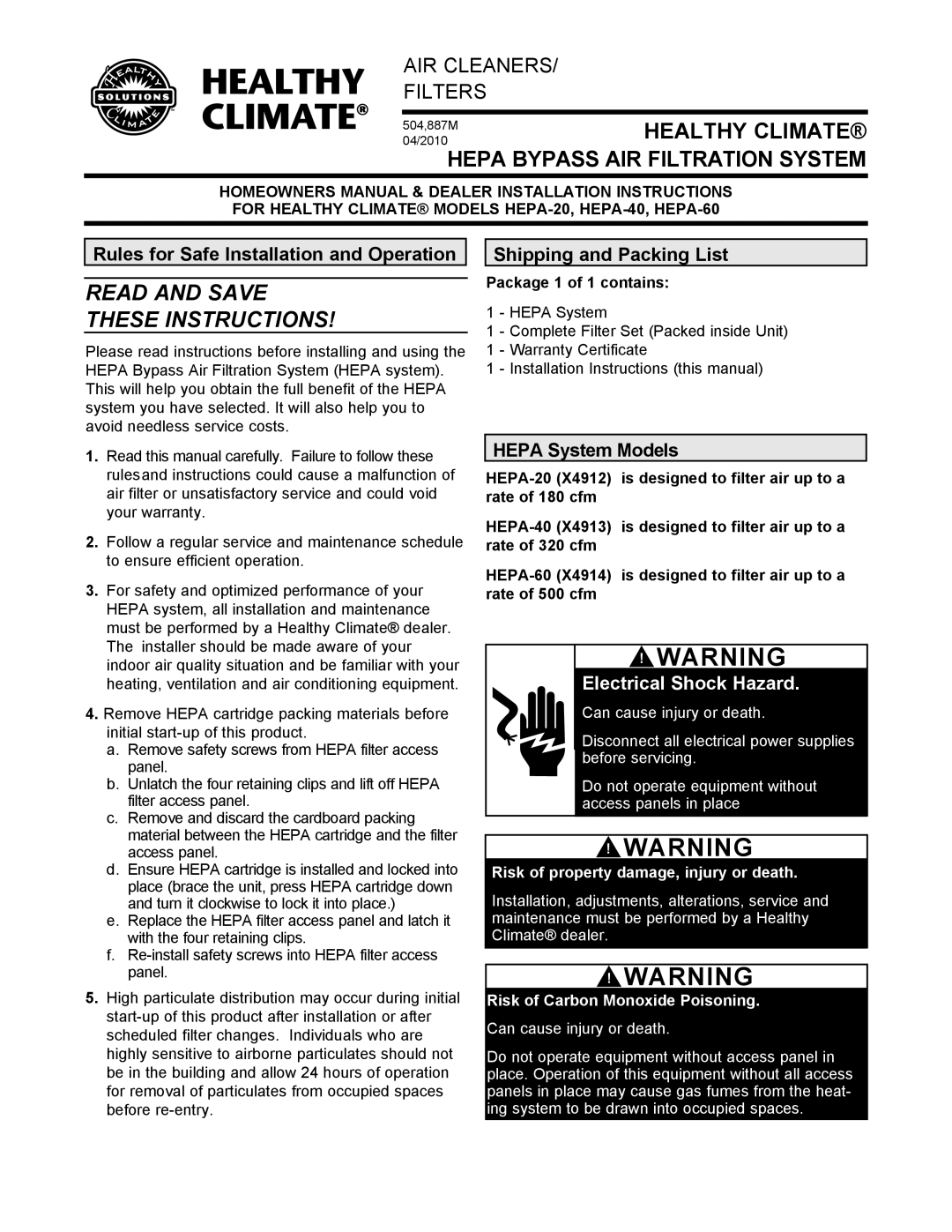 Lennox International Inc AIR CLEANERS/ FILTERS owner manual Rules for Safe Installation and Operation, Hepa System Models 