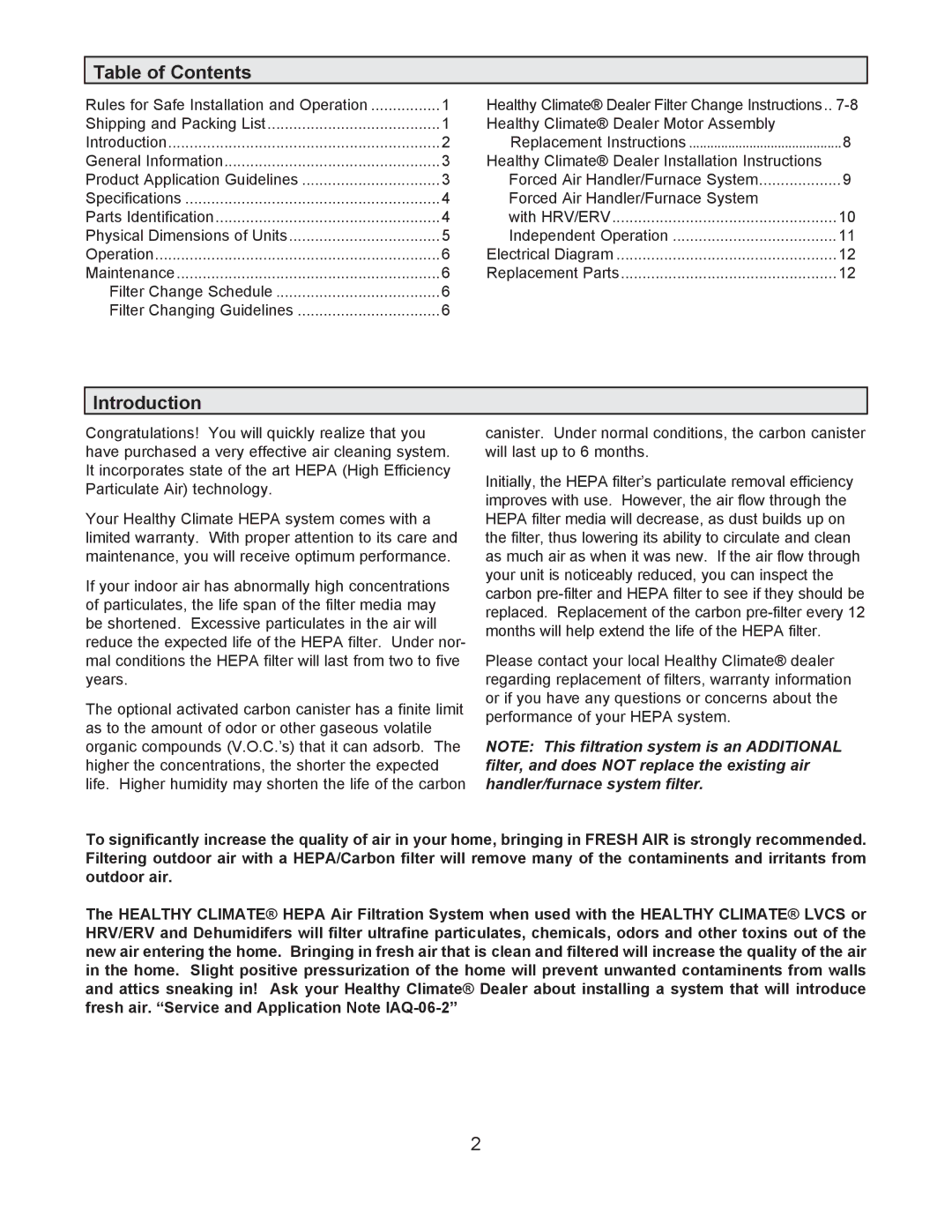 Lennox International Inc 504, 887M, AIR CLEANERS/ FILTERS owner manual Table of Contents, Introduction 