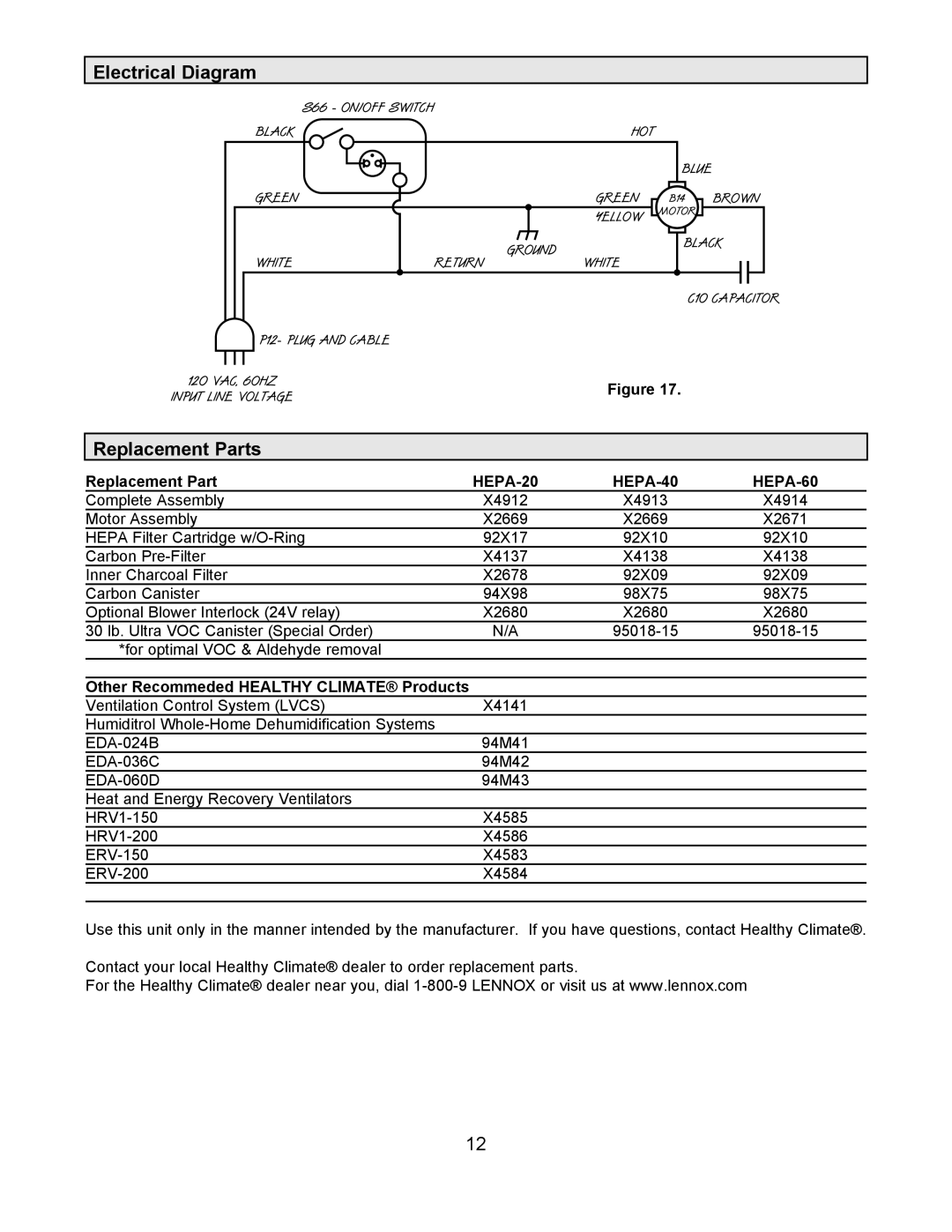 Lennox International Inc 887M, AIR CLEANERS/ FILTERS, 504 Electrical Diagram, Replacement Parts, HEPA-20, HEPA-40, HEPA-60 