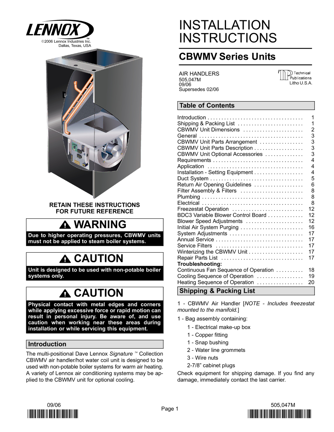 Lennox International Inc CBWMV installation instructions Table of Contents, Shipping & Packing List, Introduction 