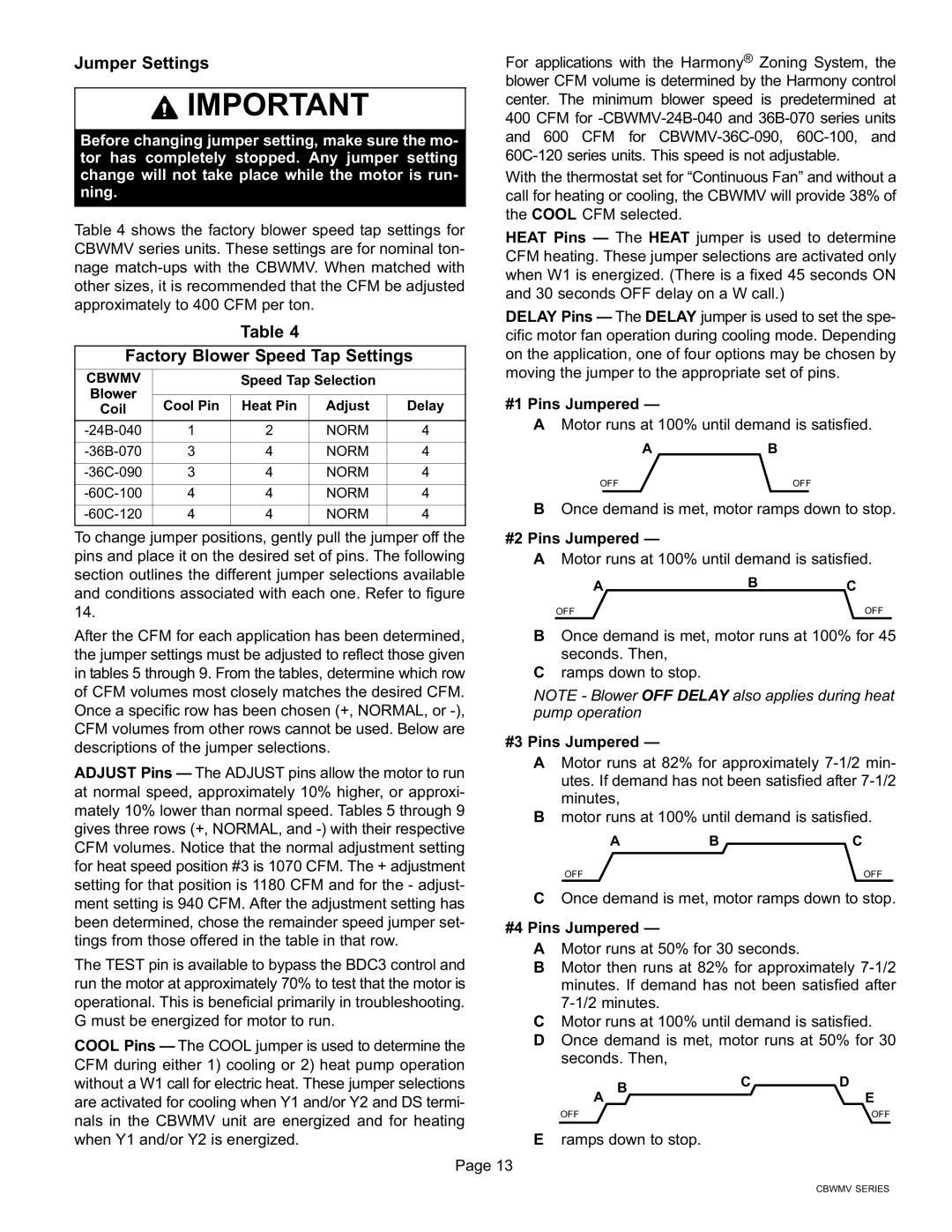 Lennox International Inc CBWMV, AIR HANDLERS installation instructions Jumper Settings, Factory Blower Speed Tap Settings 