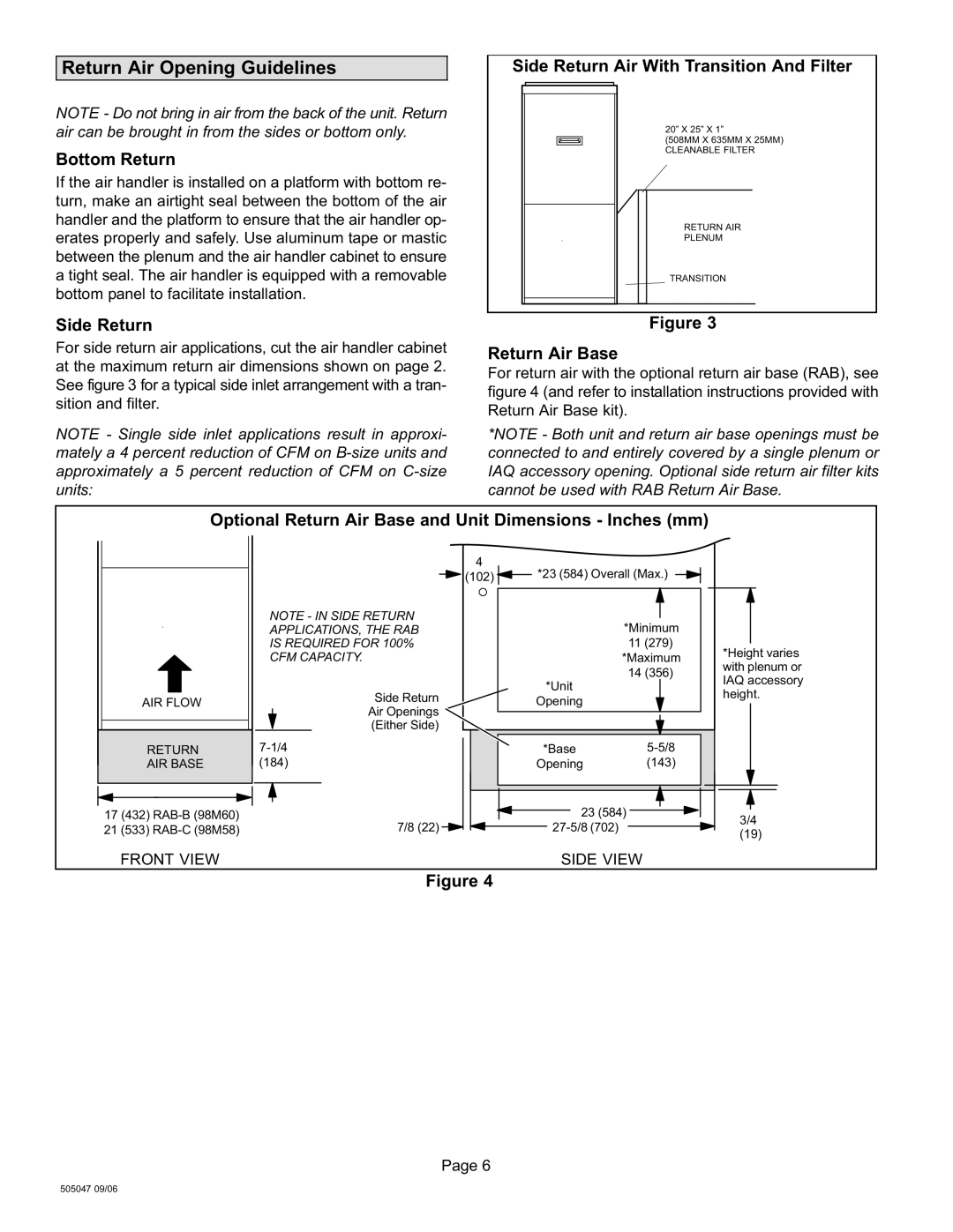 Lennox International Inc AIR HANDLERS, CBWMV installation instructions Return Air Opening Guidelines 