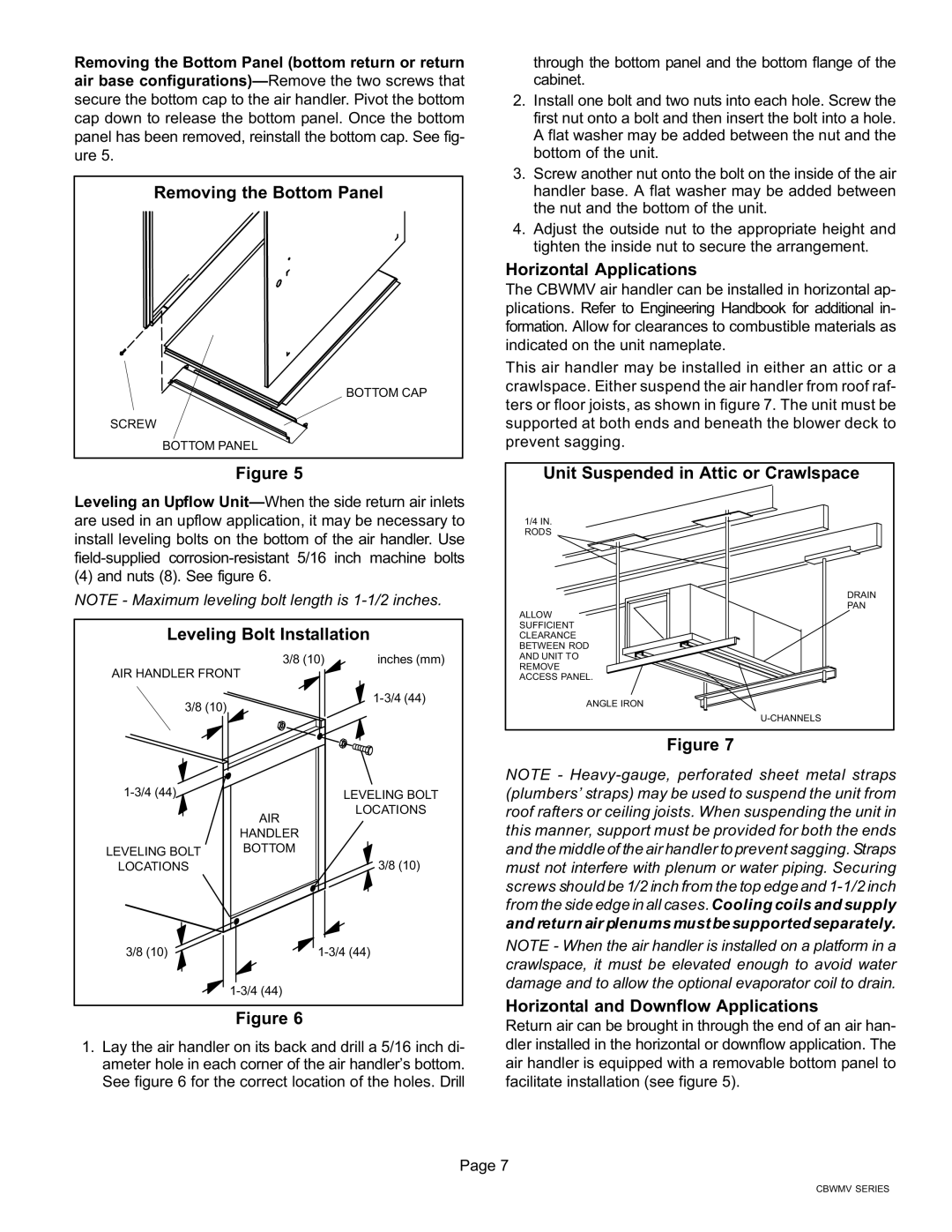 Lennox International Inc CBWMV Removing the Bottom Panel, Leveling Bolt Installation, Horizontal Applications 