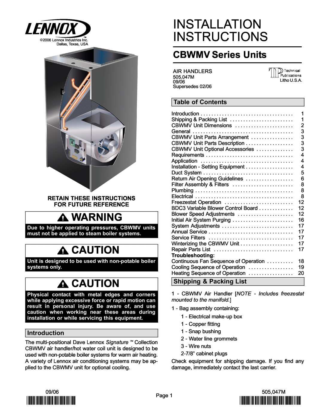 Lennox International Inc CBWMV installation instructions Table of Contents, Shipping & Packing List, Introduction, 2P0906 