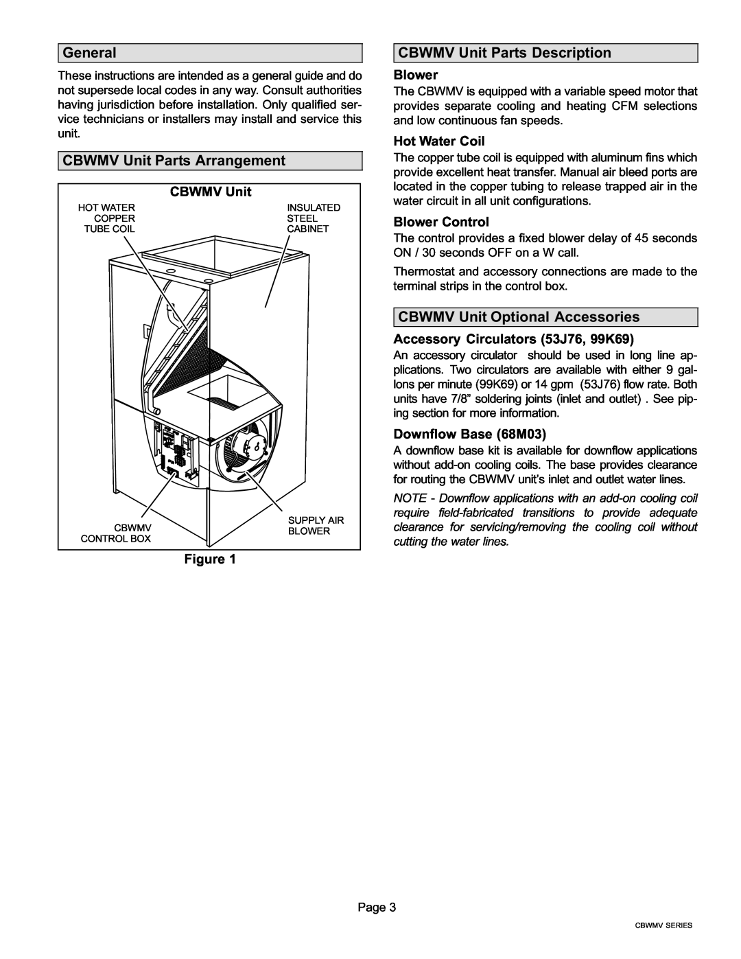 Lennox International Inc General, CBWMV Unit Parts Arrangement, CBWMV Unit Parts Description, Blower, Hot Water Coil 