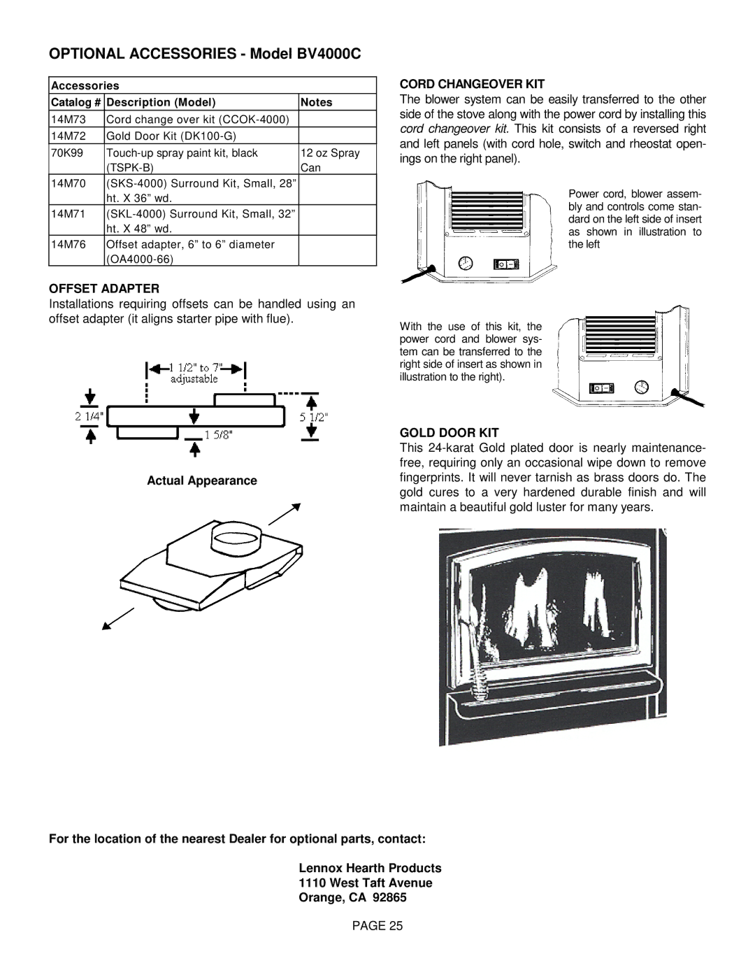 Lennox International Inc BV4000C operation manual Offset Adapter, Cord Changeover KIT, Gold Door KIT 