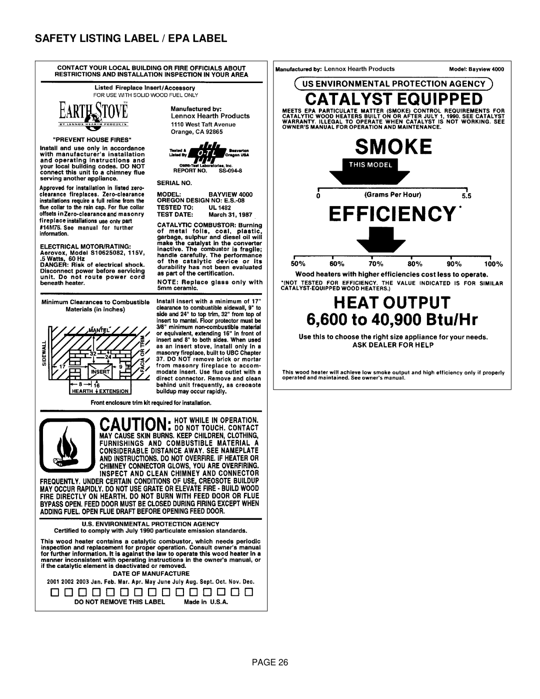 Lennox International Inc BV4000C operation manual Safety Listing Label / EPA Label 