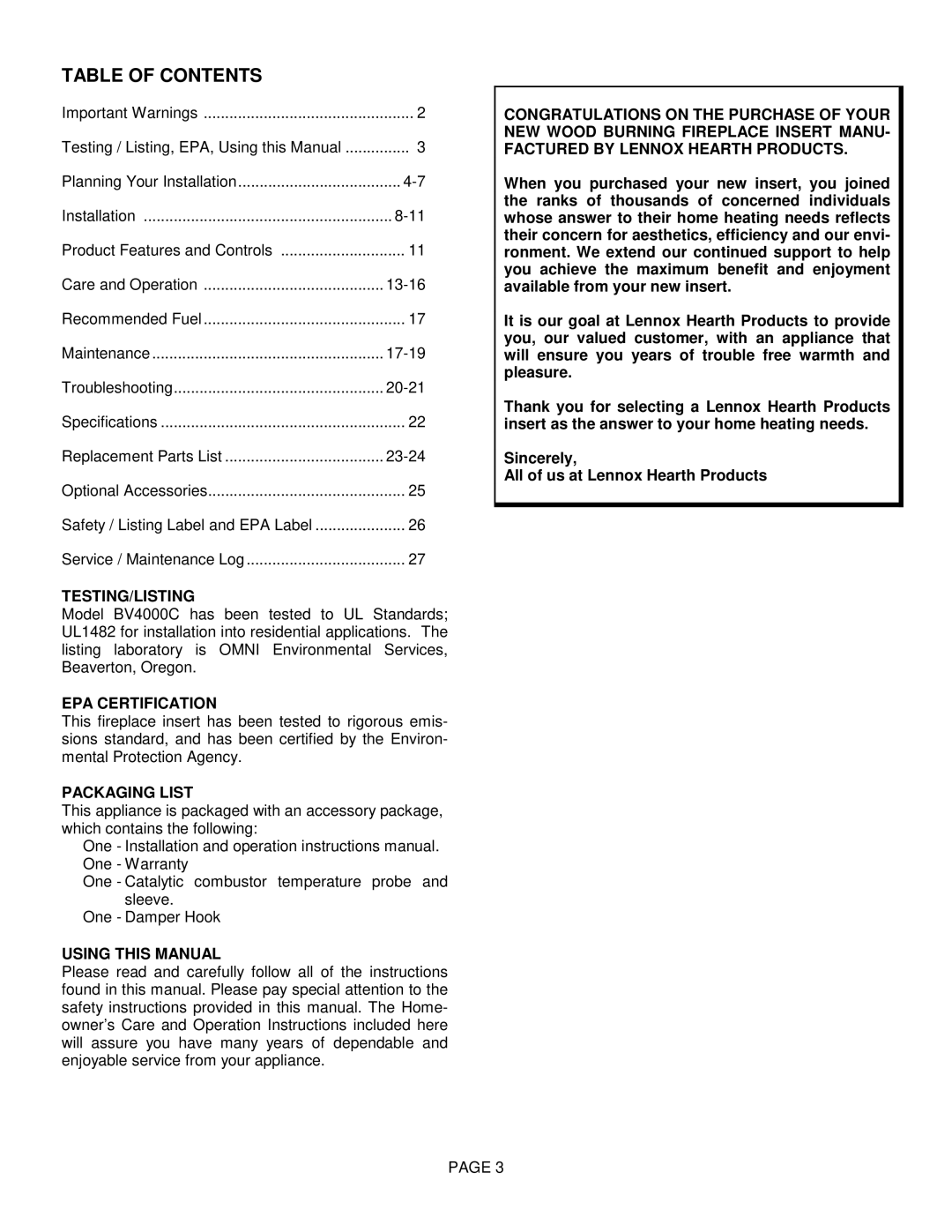 Lennox International Inc BV4000C operation manual Table of Contents 