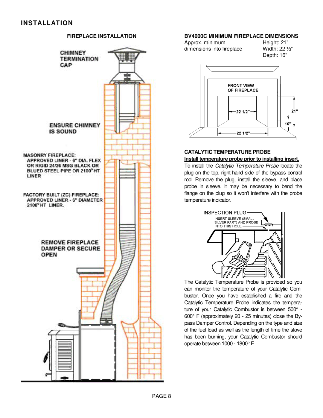 Lennox International Inc Fireplace Installation BV4000C Minimum Fireplace Dimensions, Catalytic Temperature Probe 