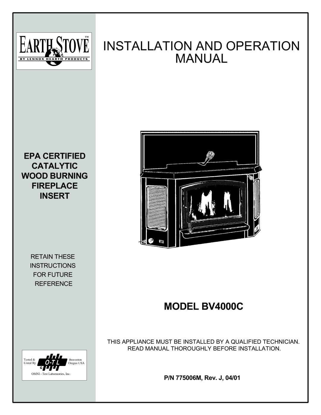 Lennox International Inc BV4000C operation manual P/N 775006M, Rev. J, 04/01, Read Manual Thoroughly Before Installation 