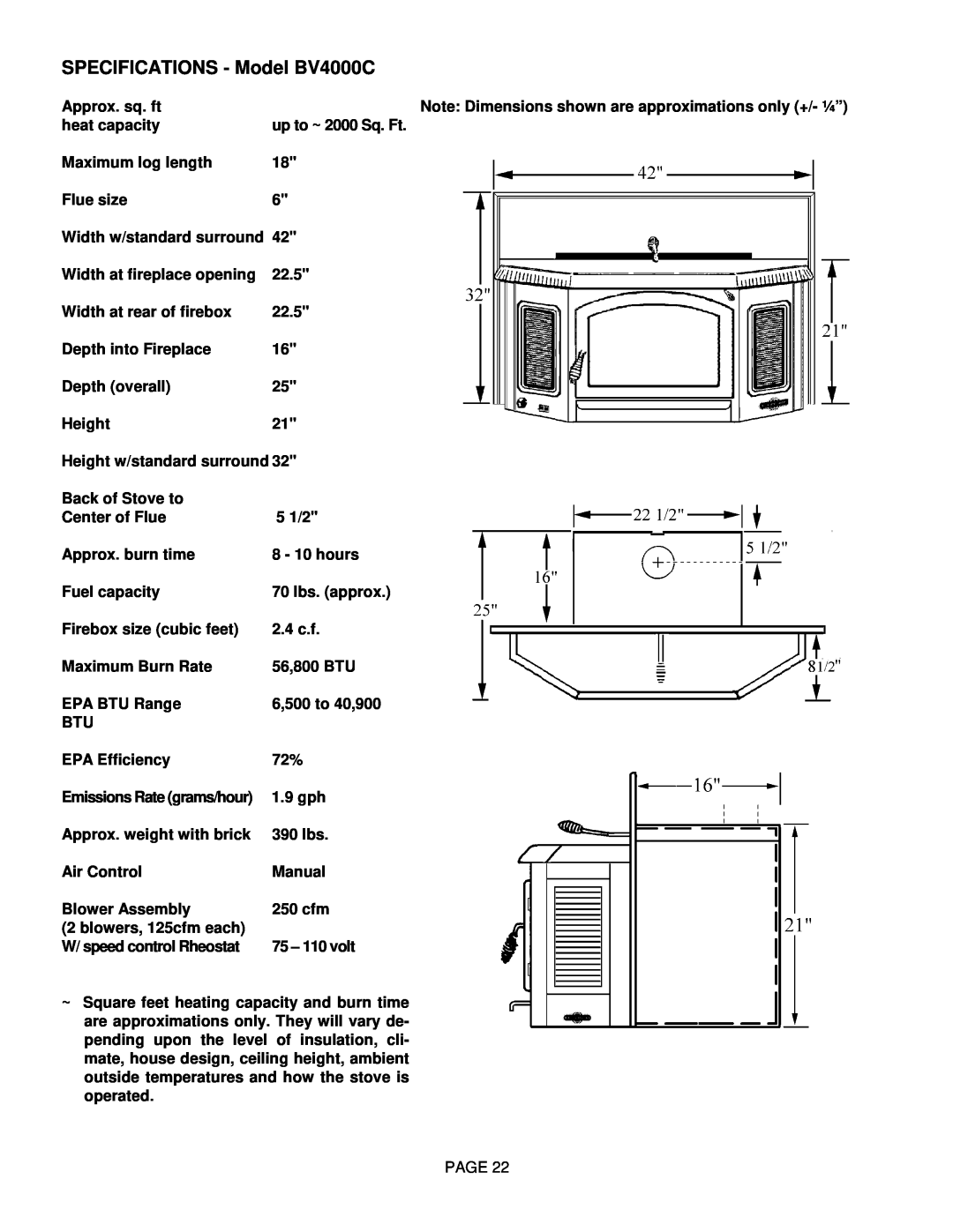 Lennox International Inc SPECIFICATIONS - Model BV4000C, Approx. sq. ft, heat capacity, up to ~ 2000 Sq. Ft, Flue size 
