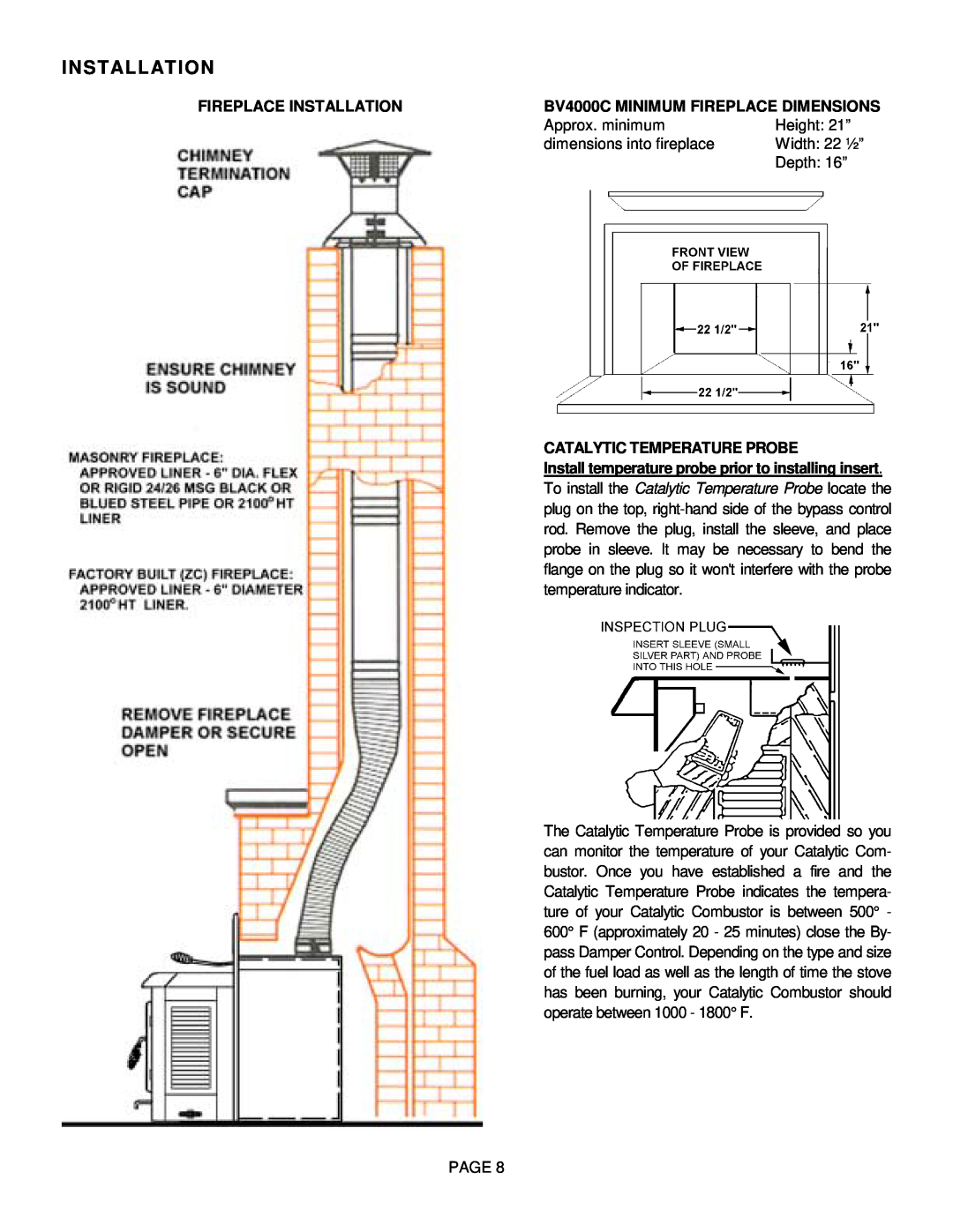 Lennox International Inc Fireplace Installation, BV4000C MINIMUM FIREPLACE DIMENSIONS, Catalytic Temperature Probe 