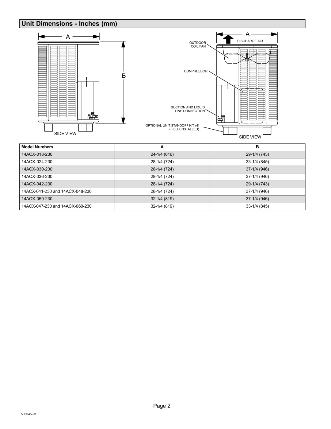 Lennox International Inc CONDENSING UNITS, Merit Series 14ACX Units Unit Dimensions − Inches mm, Side View 