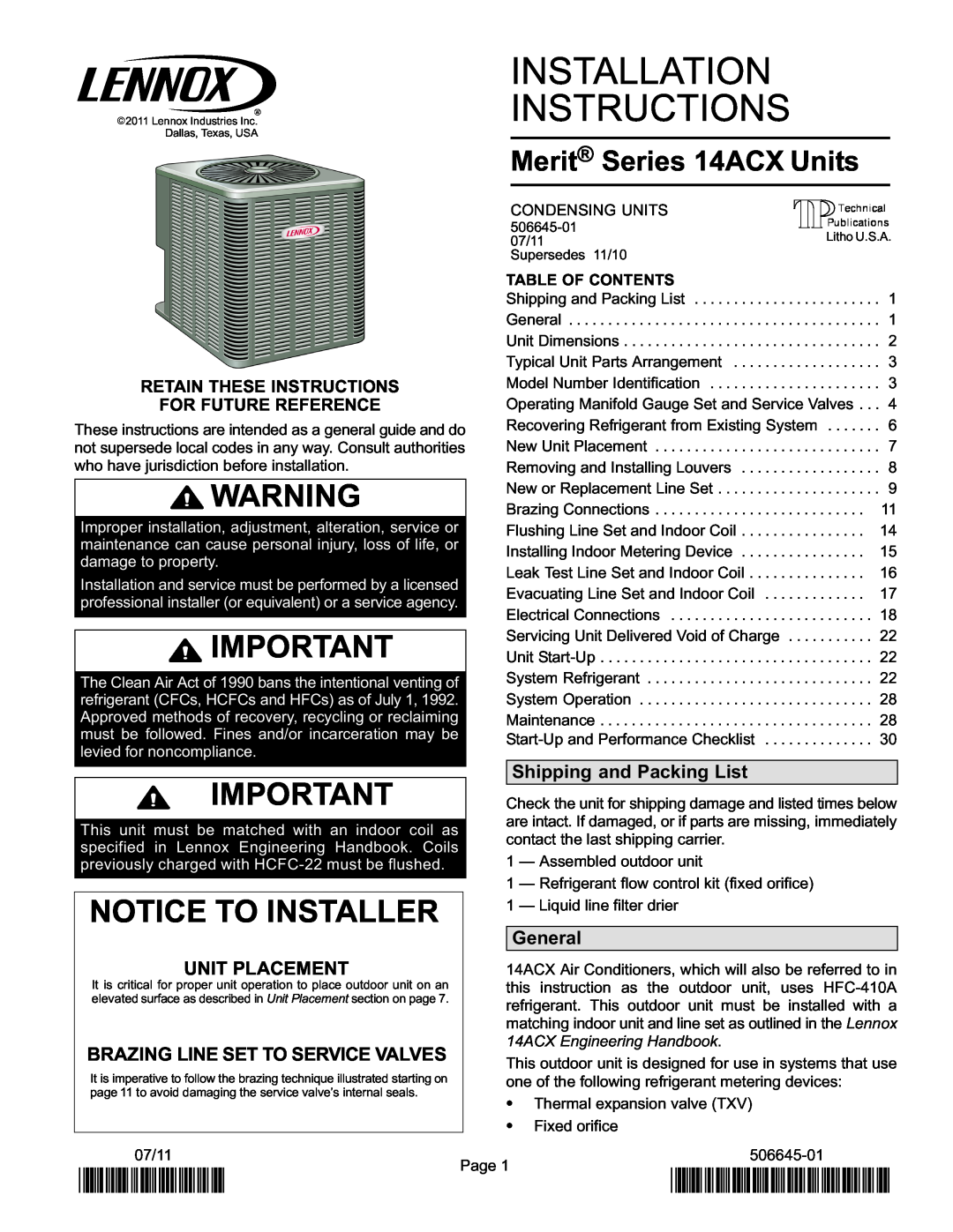 Lennox International Inc Merit Series 14ACX Units installation instructions Notice To Installer, 2P0711, P506645-01 