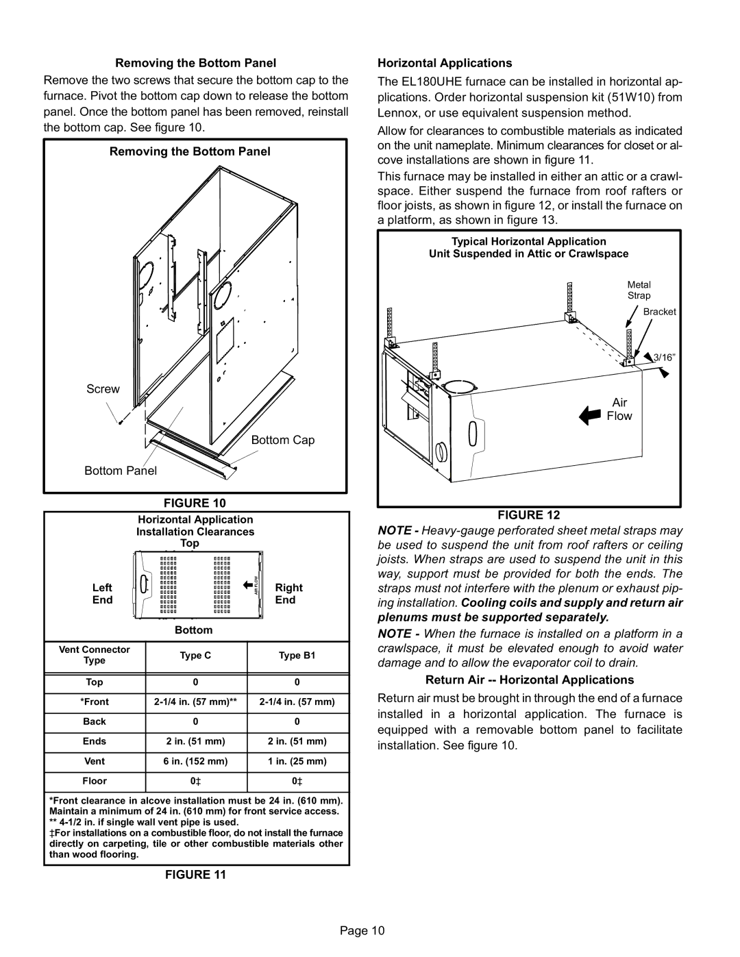 Lennox International Inc EL180UHE installation instructions Removing the Bottom Panel, Horizontal Applications 