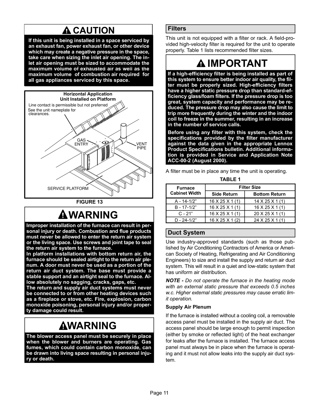 Lennox International Inc EL180UHE installation instructions Filters, Duct System, Supply Air Plenum 