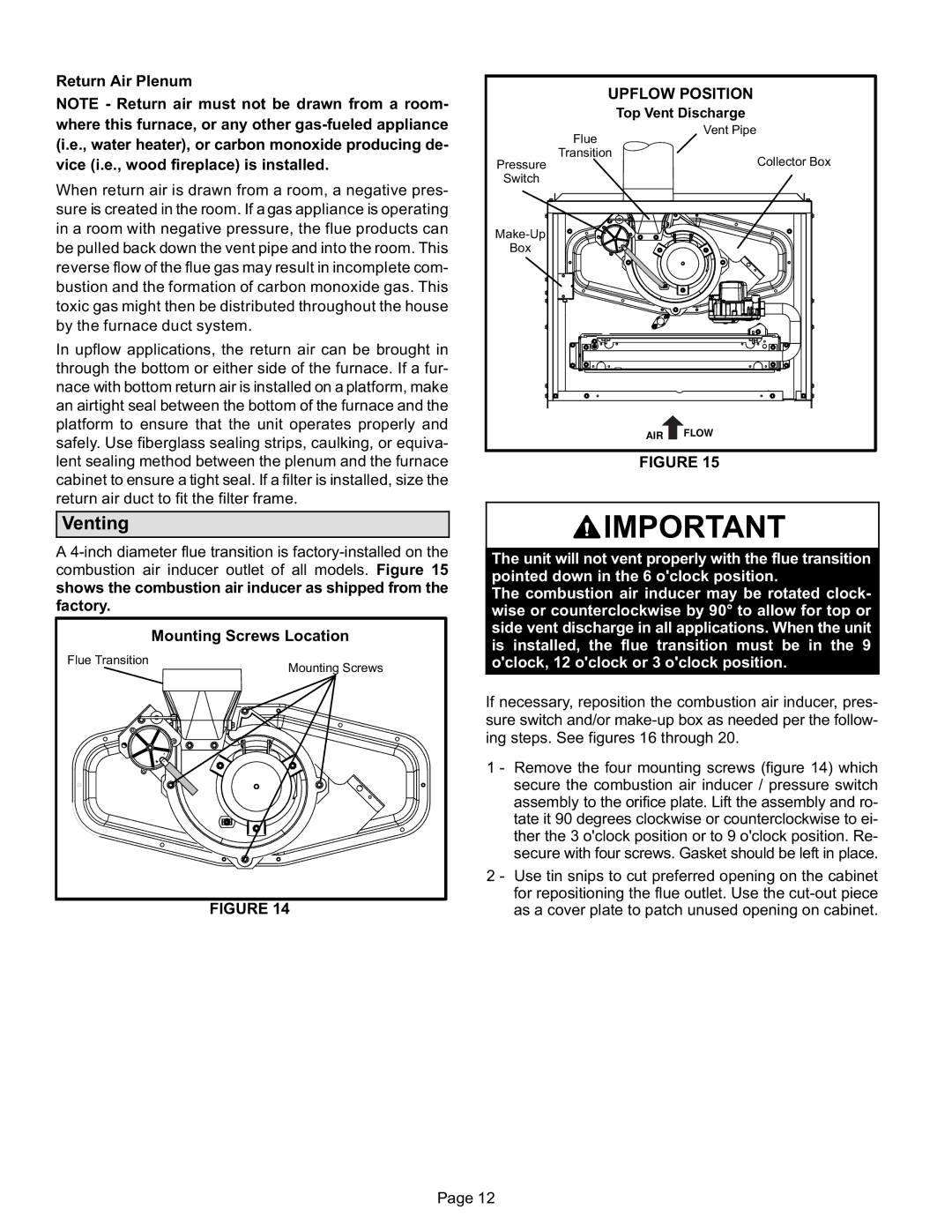 Lennox International Inc EL180UHE Venting, Return Air Plenum, Mounting Screws Location, Upflow Position 