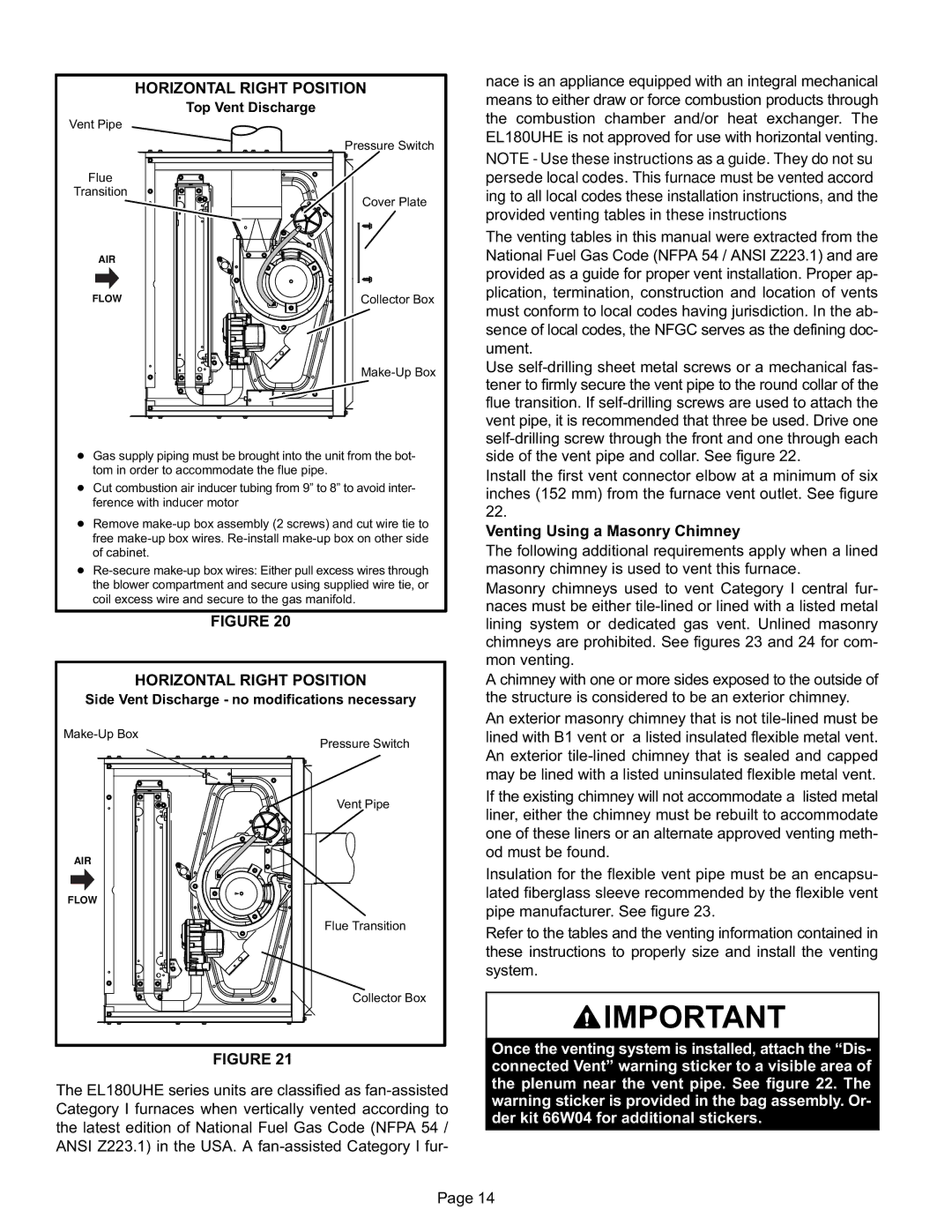 Lennox International Inc EL180UHE installation instructions Horizontal Right Position, Venting Using a Masonry Chimney 