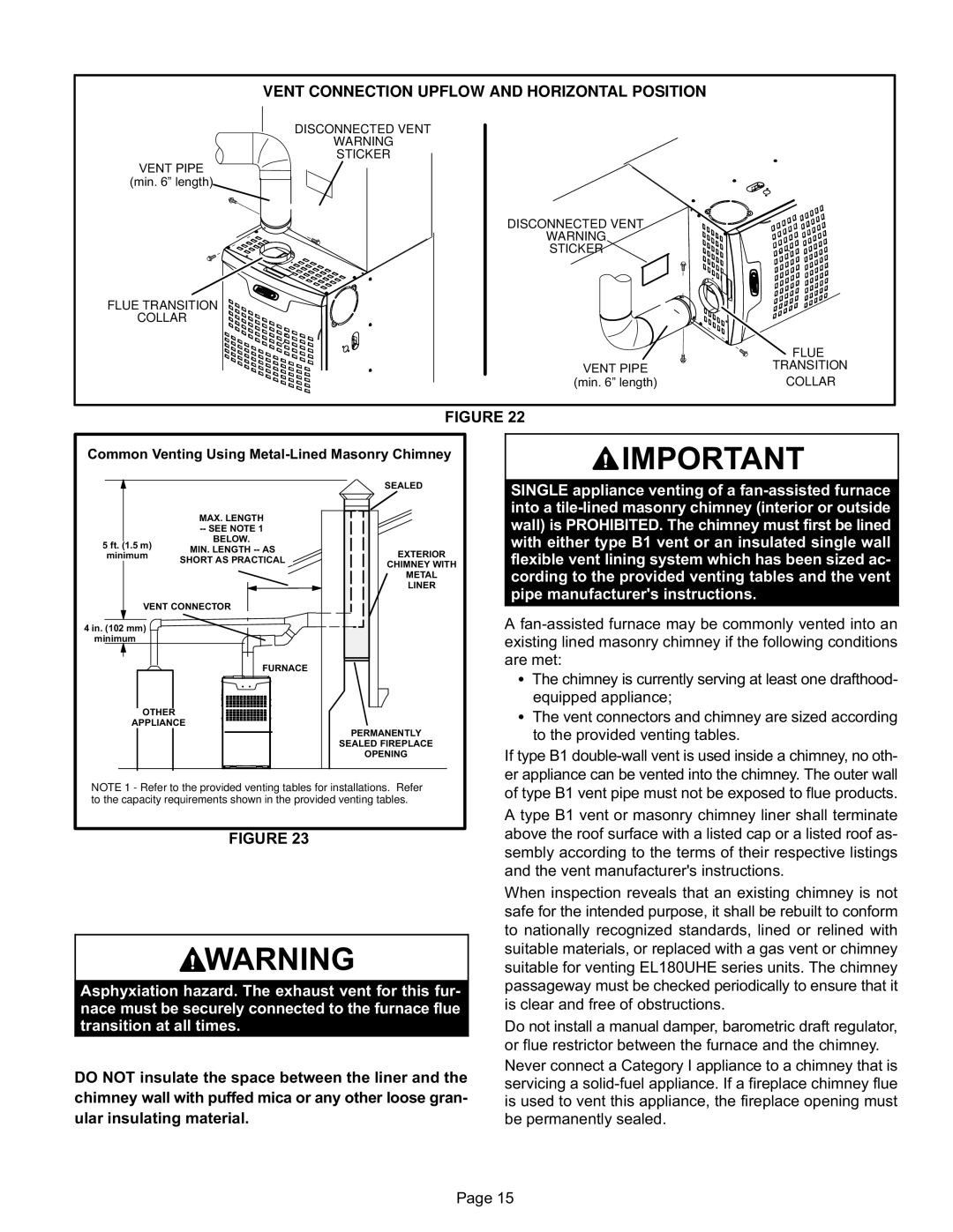 Lennox International Inc EL180UHE installation instructions Vent Connection Upflow and Horizontal Position 