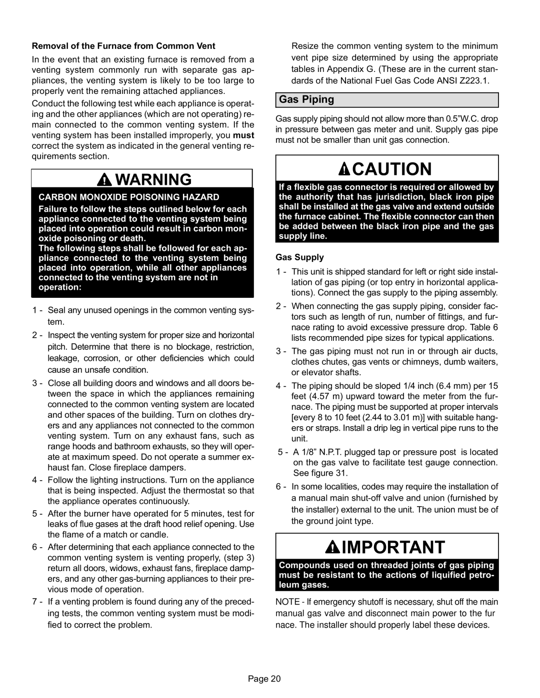 Lennox International Inc EL180UHE installation instructions Gas Piping, Removal of the Furnace from Common Vent, Gas Supply 