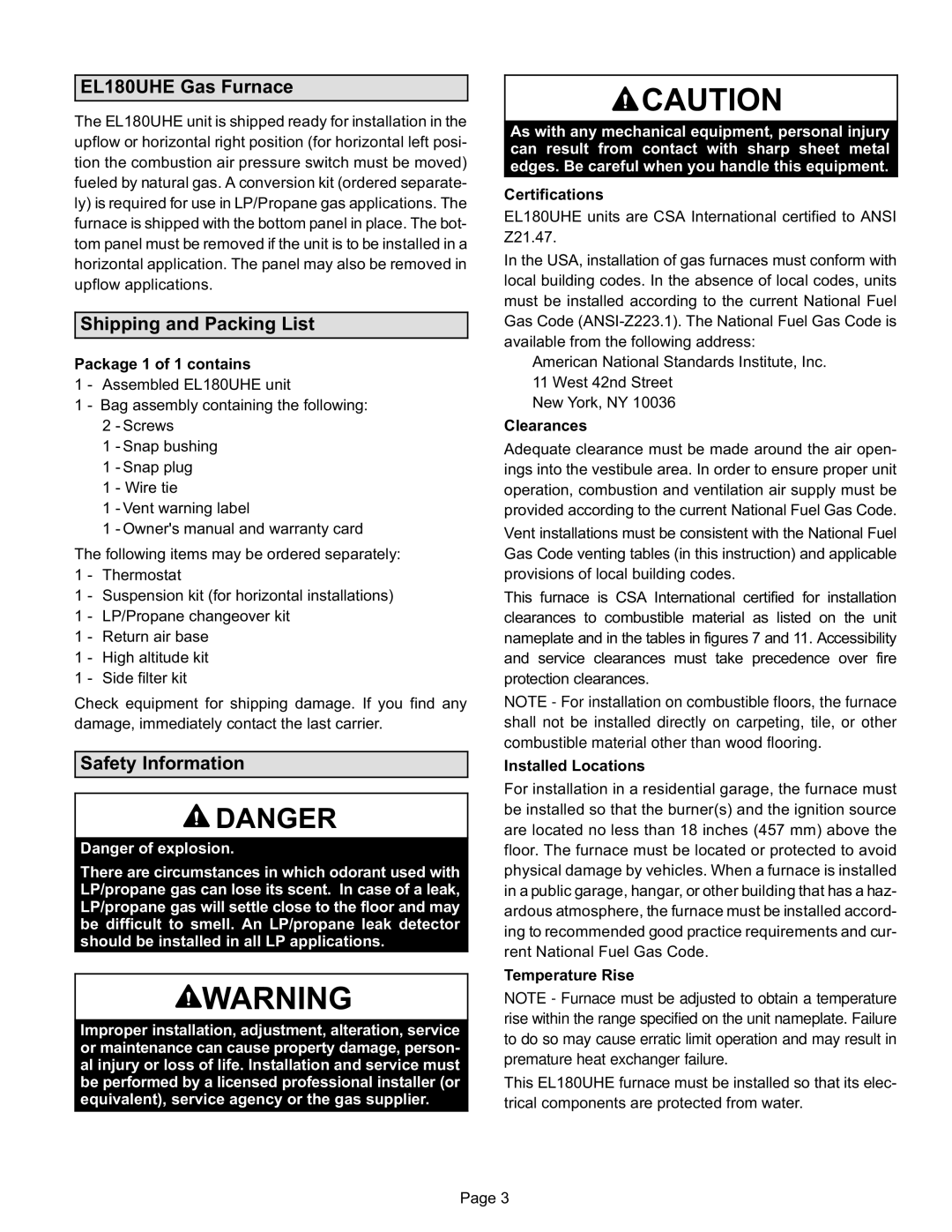 Lennox International Inc installation instructions EL180UHE Gas Furnace, Shipping and Packing List, Safety Information 