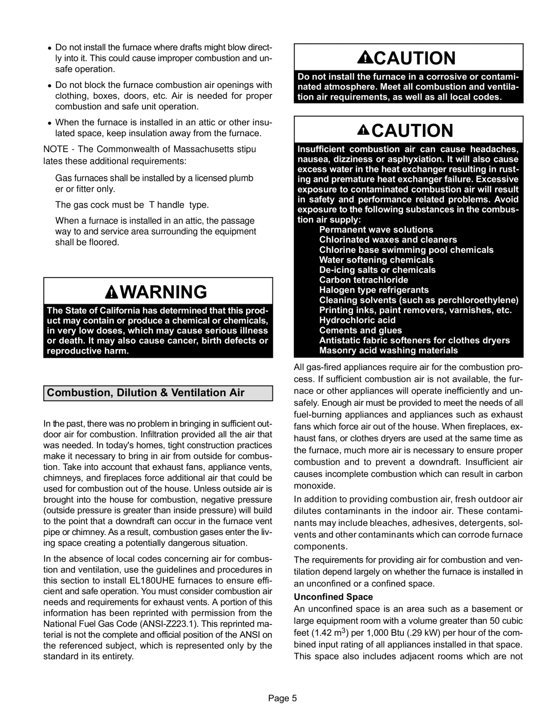 Lennox International Inc EL180UHE installation instructions Combustion, Dilution & Ventilation Air, Unconfined Space 