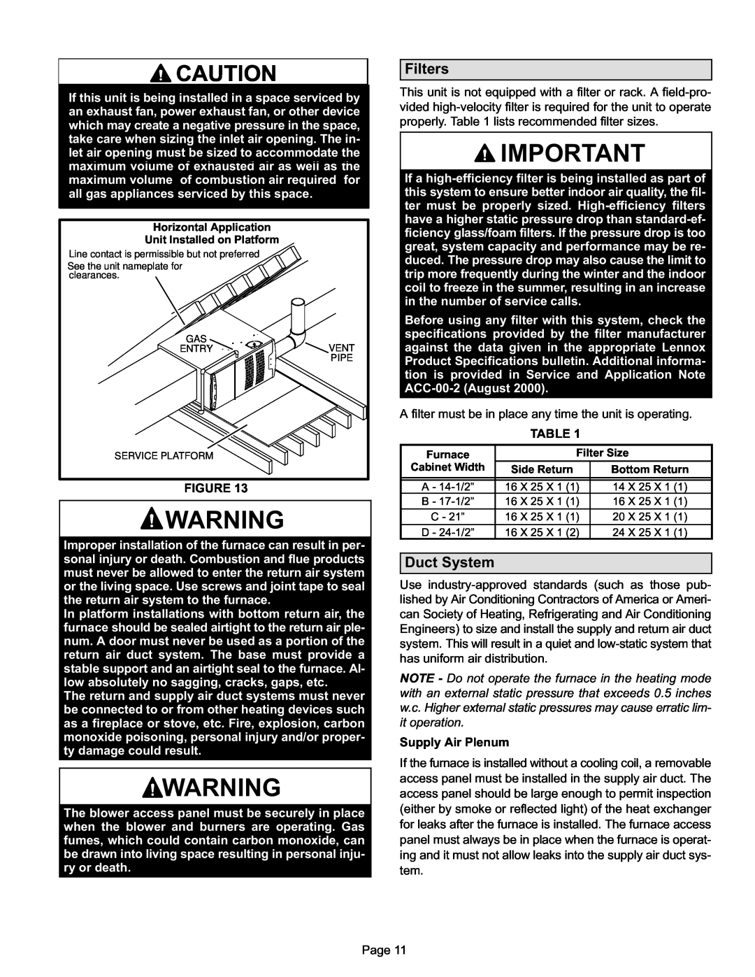 Lennox International Inc EL180UHE installation instructions Filters, Duct System, Supply Air Plenum 