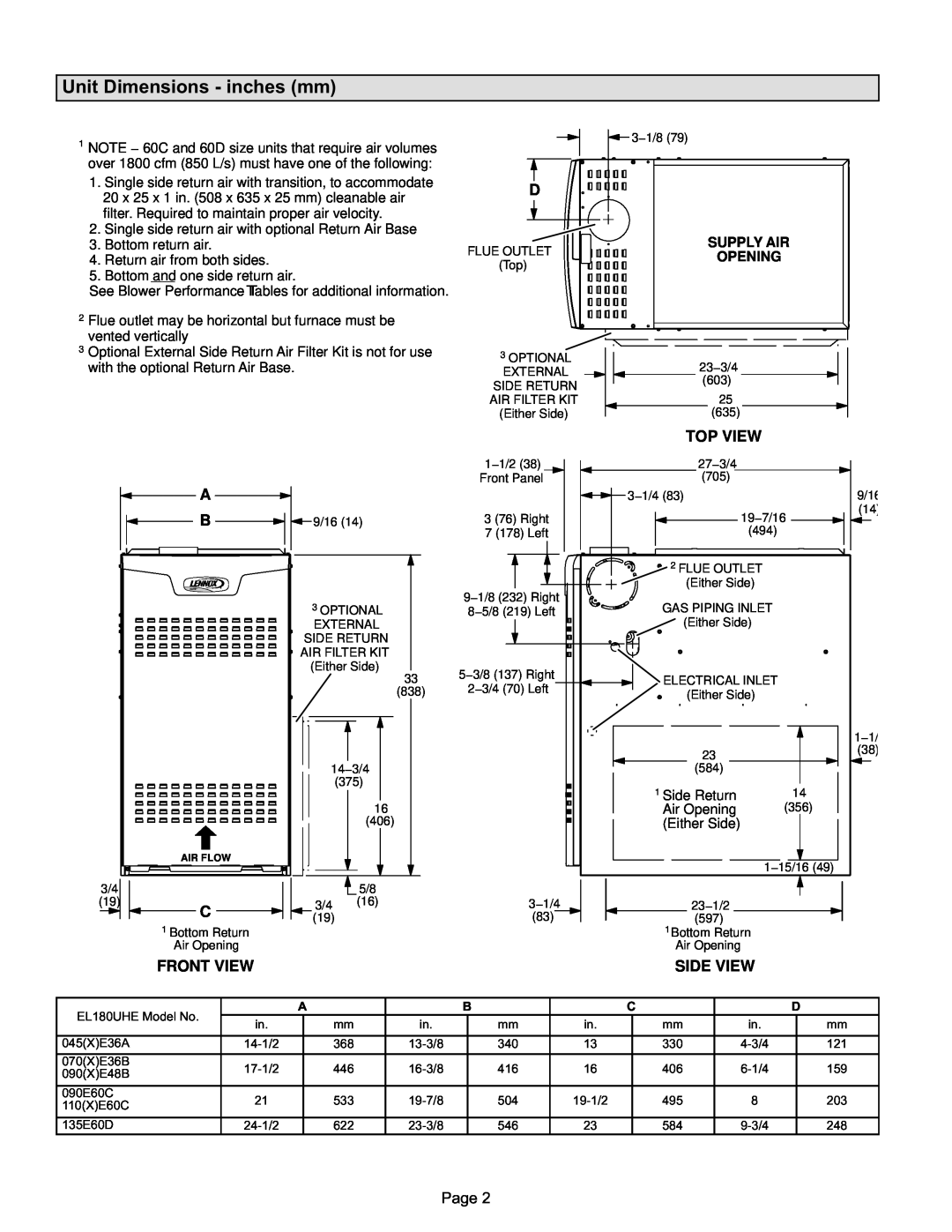 Lennox International Inc EL180UHE Unit Dimensions - inches mm, Front View, Top View, Side View, Supply Air, Opening 
