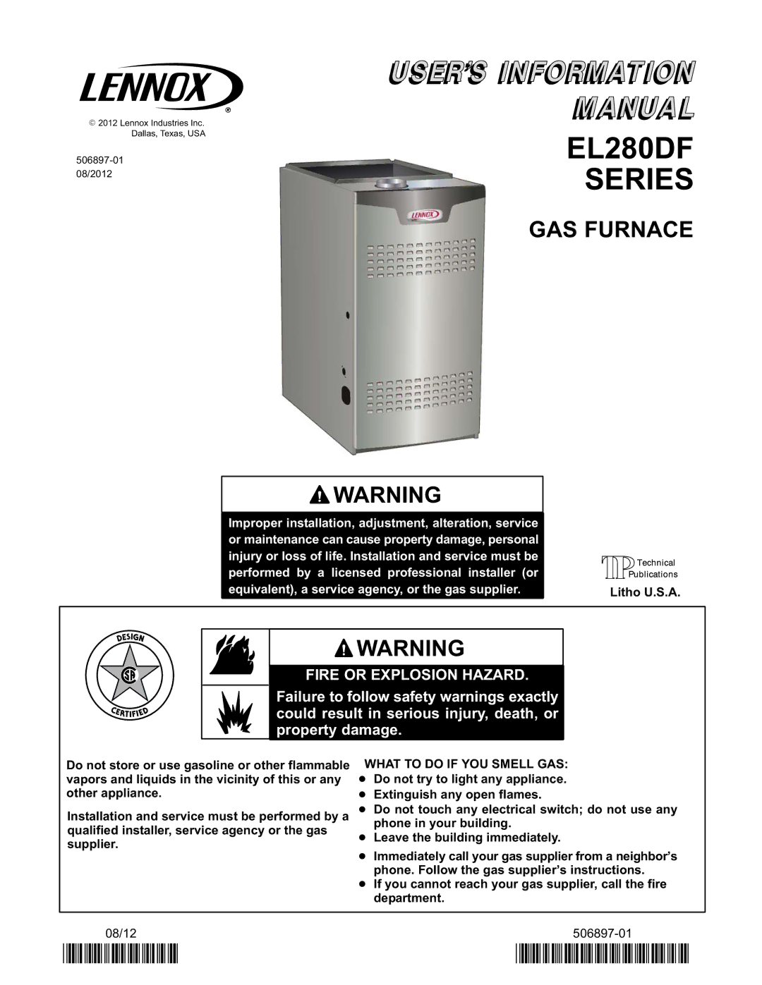 Lennox International Inc Lennox Gas Furnace manual EL280DF Series, What to do if YOU Smell GAS 