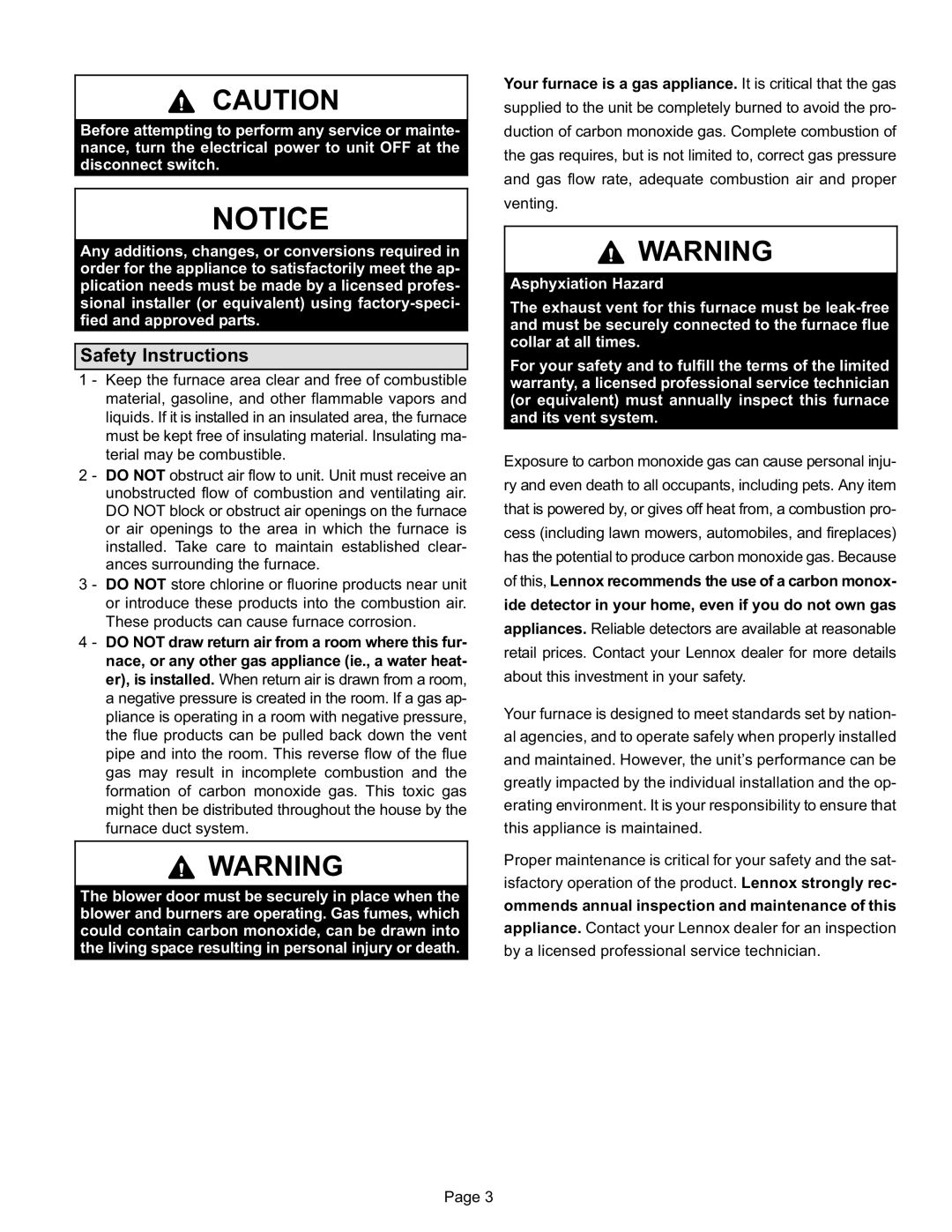 Lennox International Inc Lennox Gas Furnace, EL280DF manual Safety Instructions 