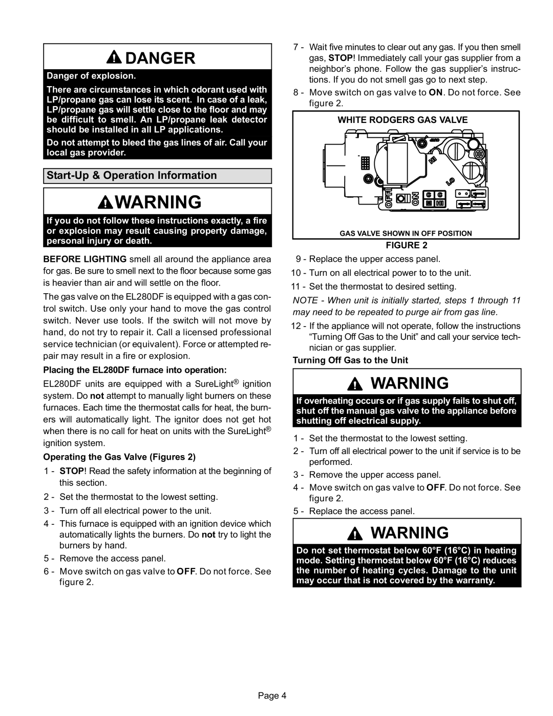 Lennox International Inc EL280DF, Lennox Gas Furnace manual Start−Up & Operation Information, White Rodgers GAS Valve 