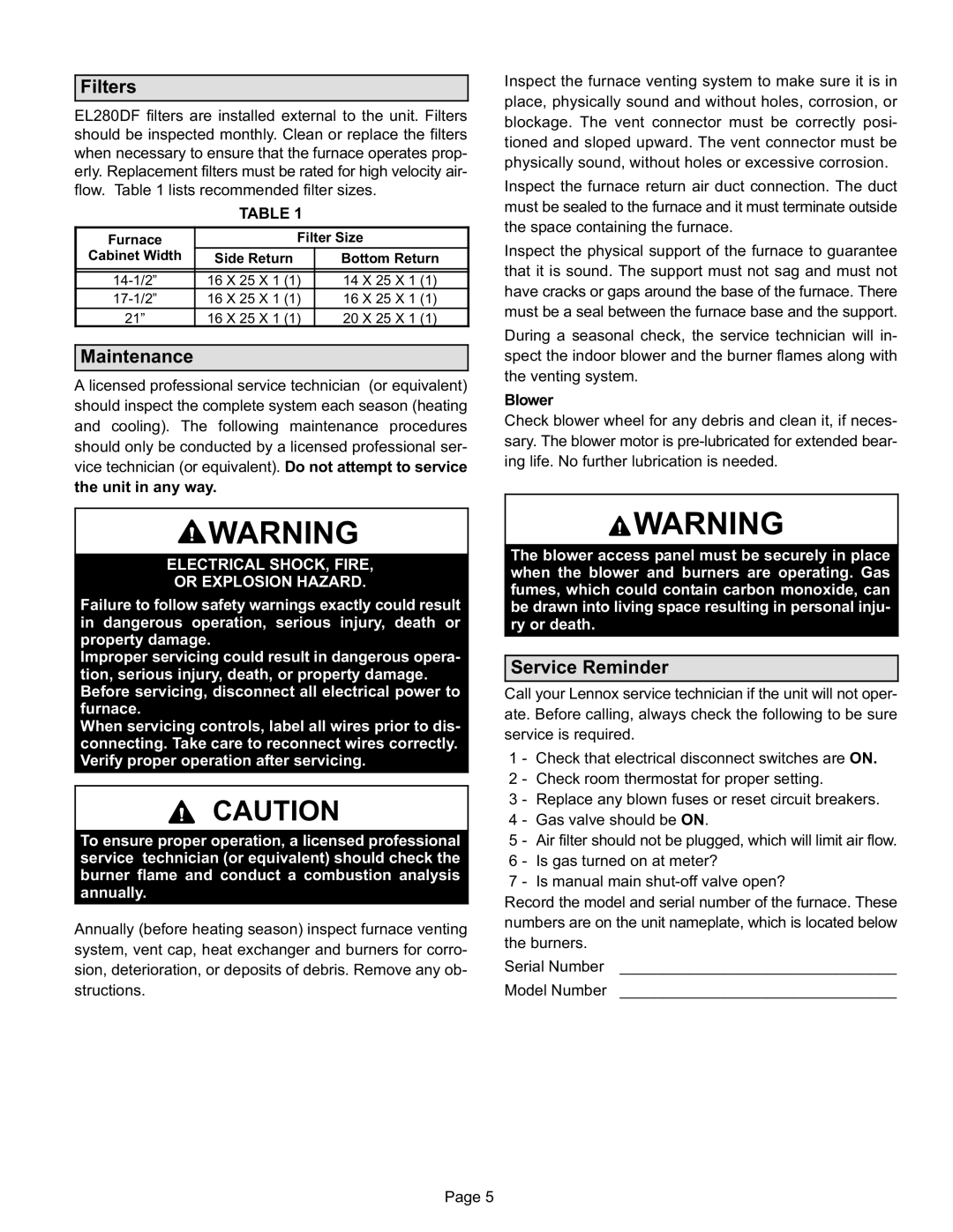 Lennox International Inc Lennox Gas Furnace, EL280DF manual Filters, Maintenance, Service Reminder 