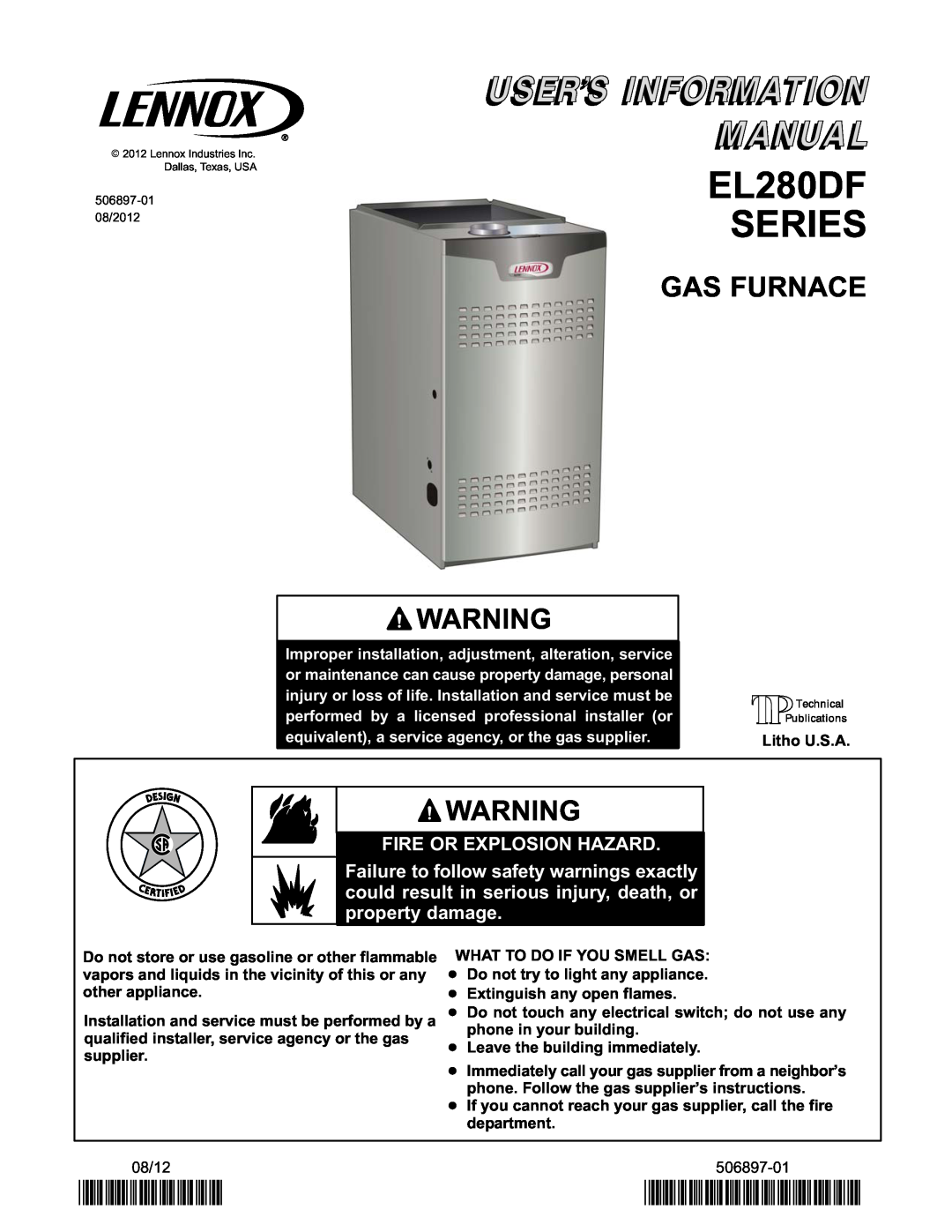 Lennox International Inc Lennox Gas Furnace manual EL280DF SERIES, 2P0812, P506897-01, Fire Or Explosion Hazard 