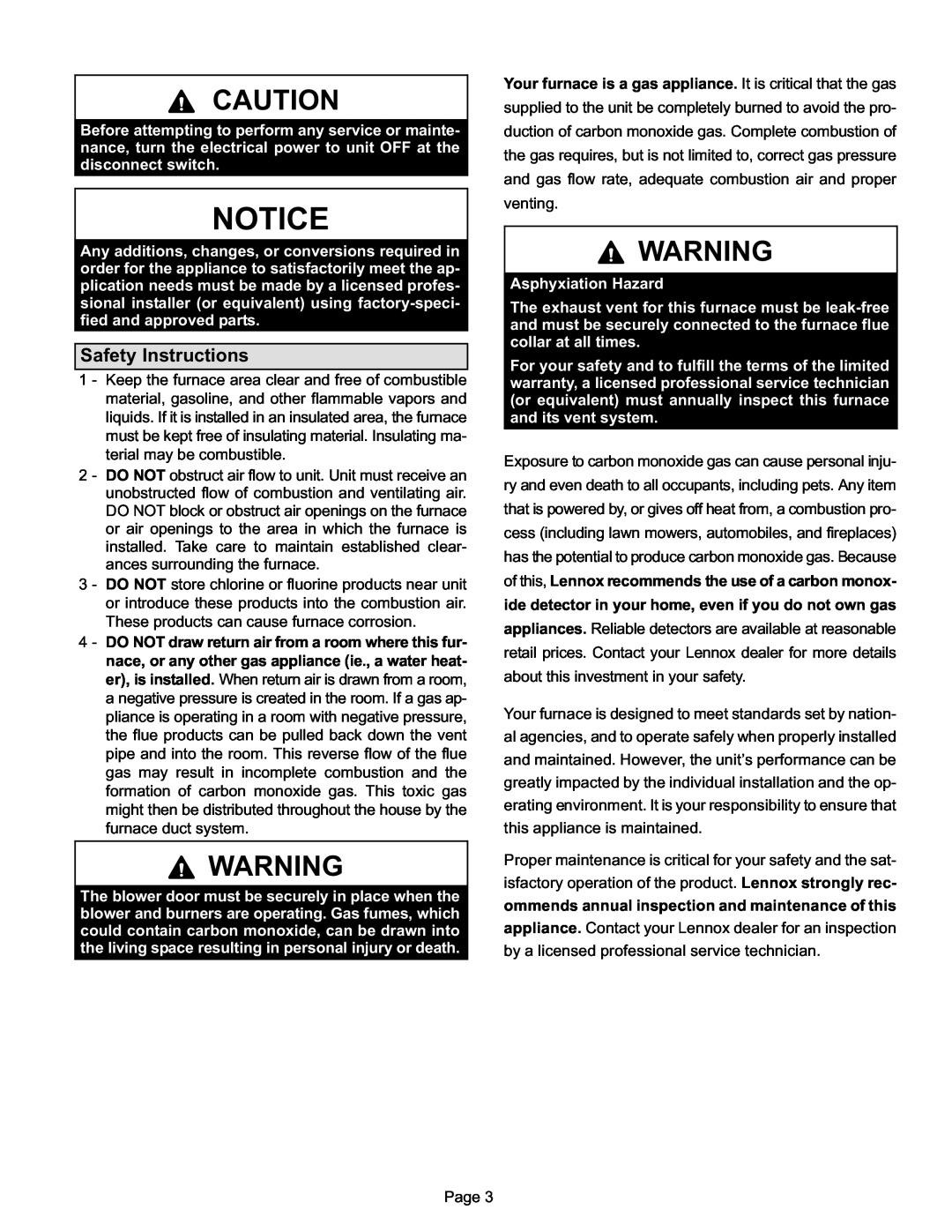 Lennox International Inc Lennox Gas Furnace, EL280DF manual Safety Instructions 
