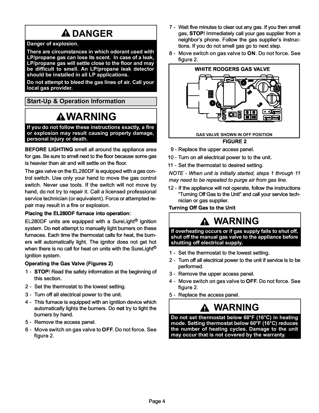 Lennox International Inc EL280DF, Lennox Gas Furnace manual Danger, Start−Up & Operation Information 