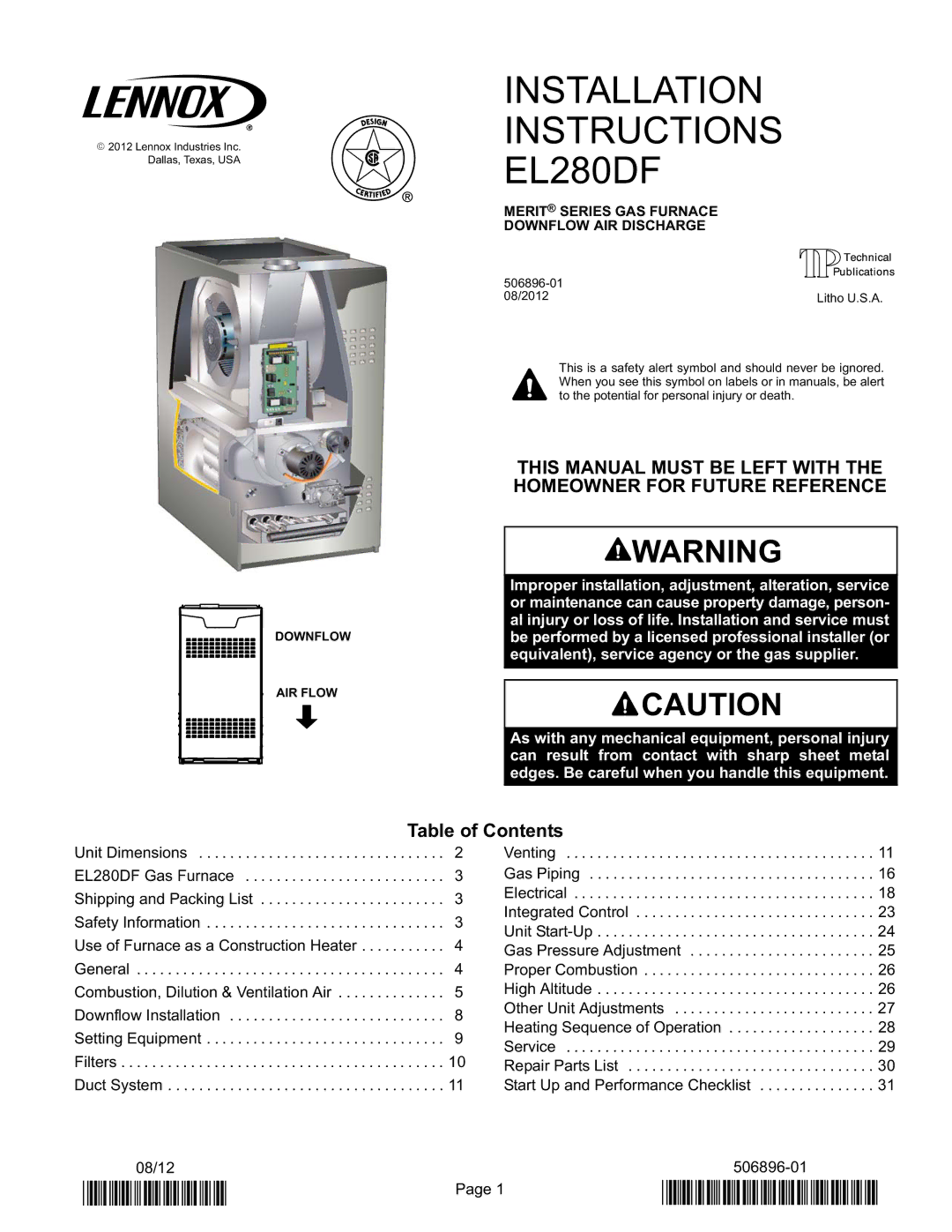 Lennox International Inc installation instructions Installation Instructions EL280DF, Table of Contents 