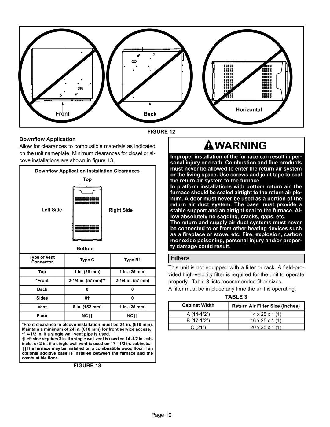 Lennox International Inc EL280DF installation instructions Filters 