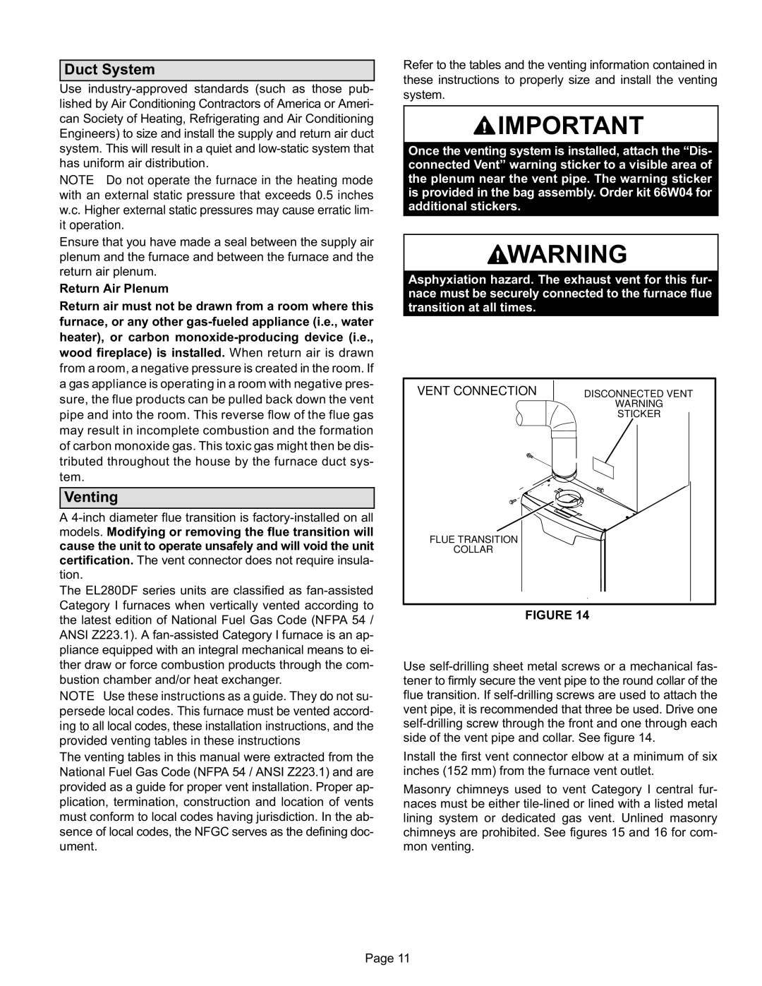 Lennox International Inc EL280DF installation instructions Duct System, Venting 