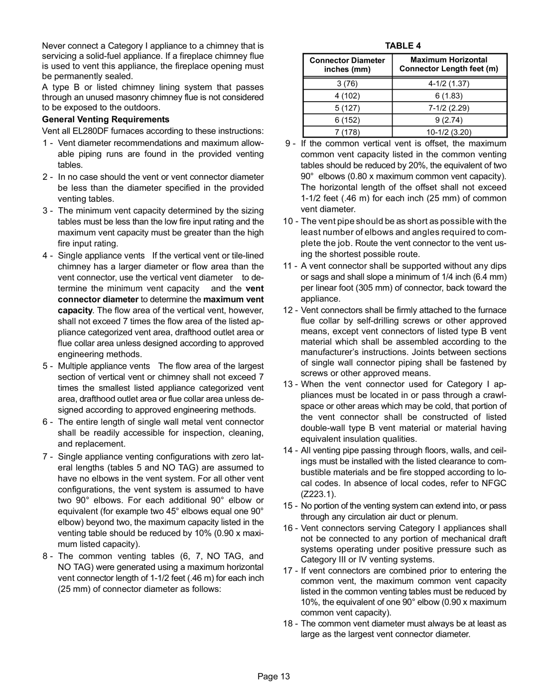 Lennox International Inc EL280DF installation instructions Mm of connector diameter as follows 