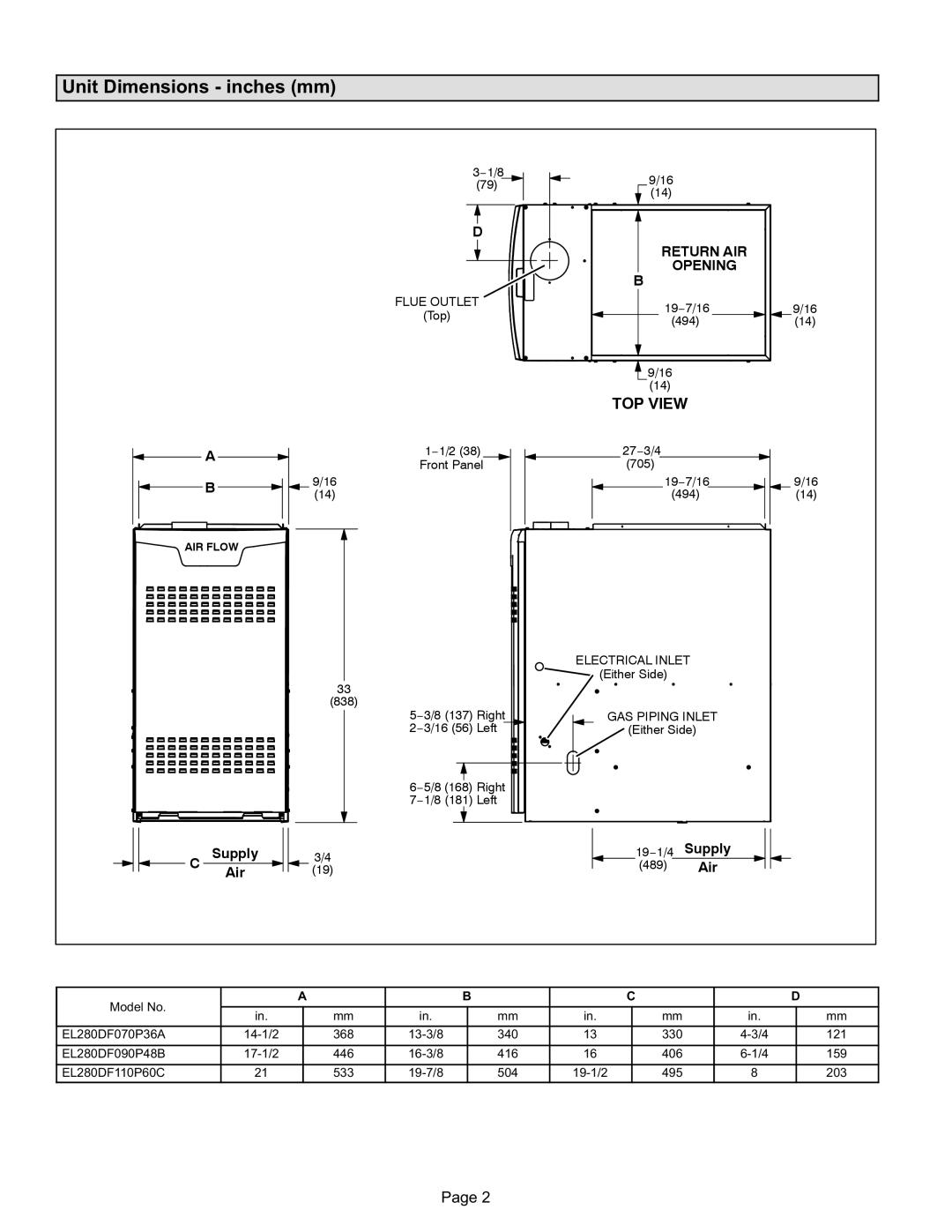 Lennox International Inc EL280DF installation instructions Unit Dimensions − inches mm, TOP View 