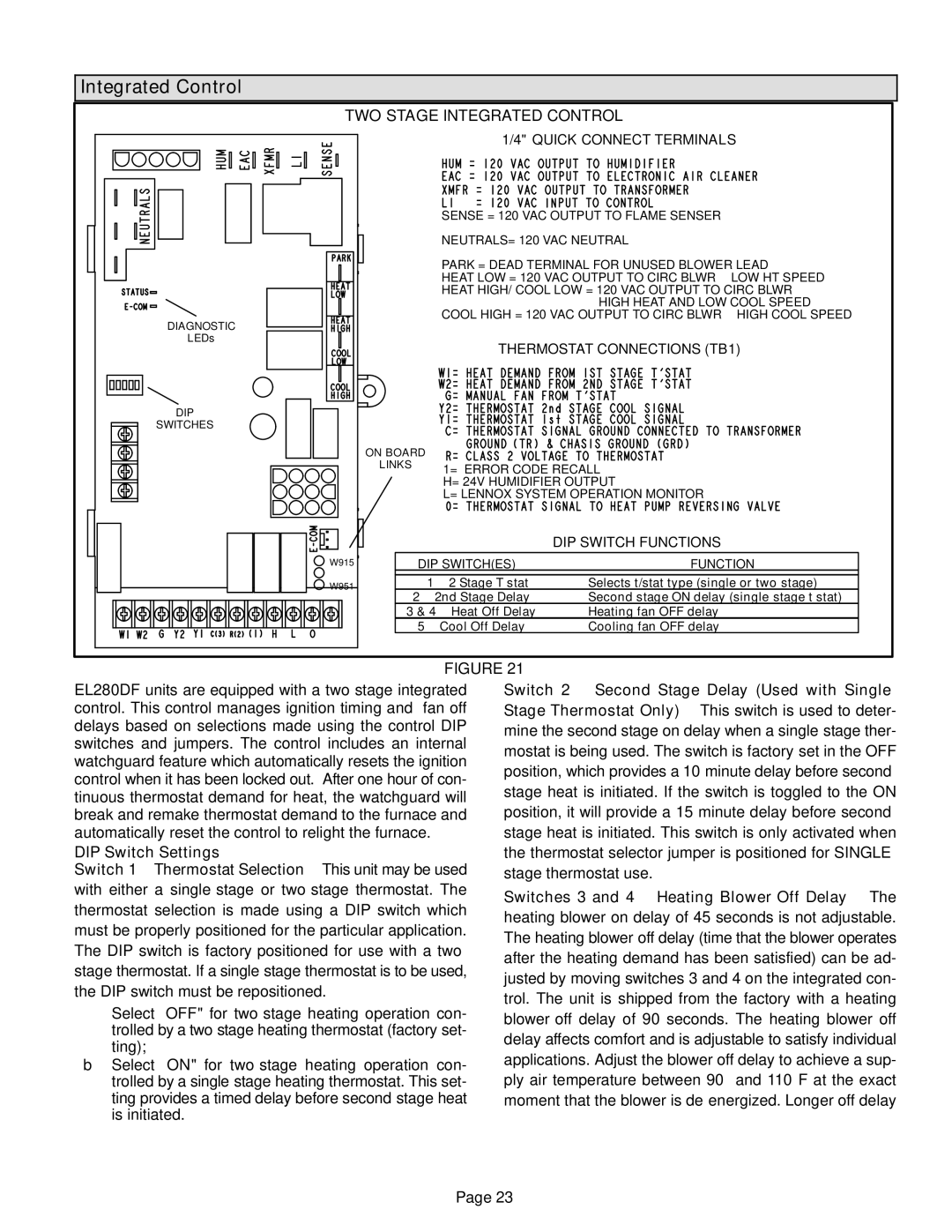 Lennox International Inc EL280DF installation instructions TWO−STAGE Integrated Control 