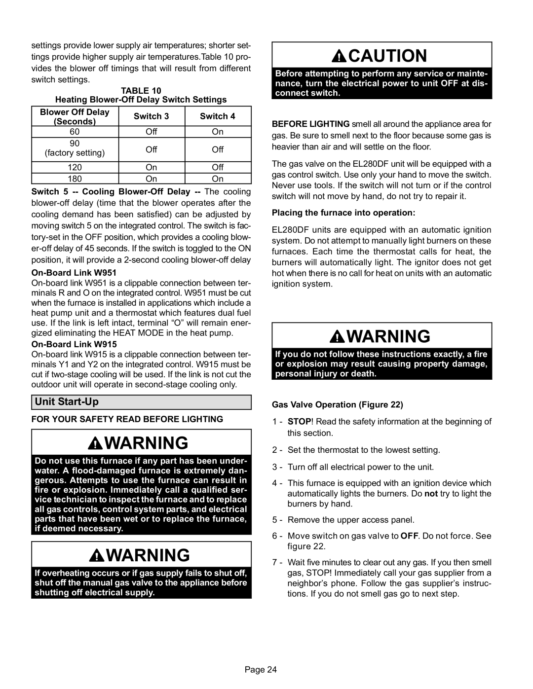 Lennox International Inc EL280DF installation instructions Unit Start−Up, For Your Safety Read Before Lighting 