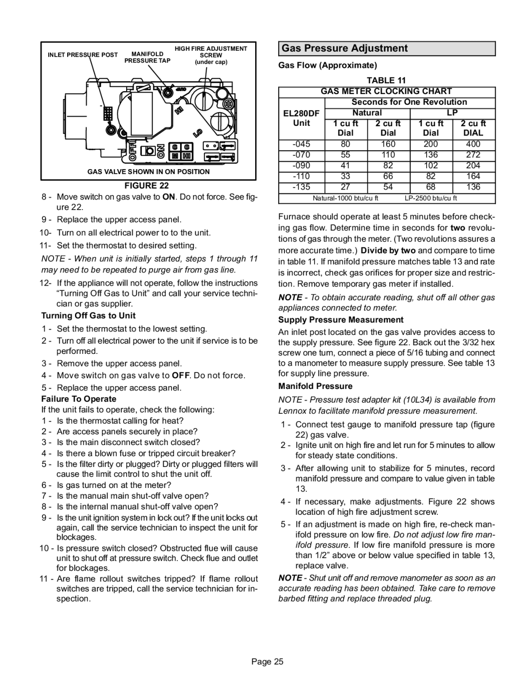 Lennox International Inc EL280DF installation instructions Gas Pressure Adjustment, GAS Meter Clocking Chart, Dial 